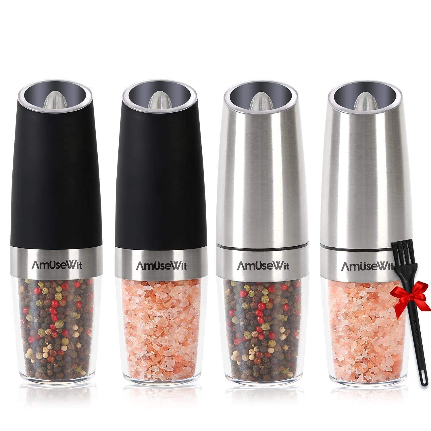 Premium Electric Salt and Pepper Grinder Set of 4 - Battery Operated Automatic Spice Mills with LED Light, Adjustable Coarseness, One-Hand Operation & Cleaning Brush - Perfect for Kitchen, Dining Table, Camping & Gifts by AmuseWit