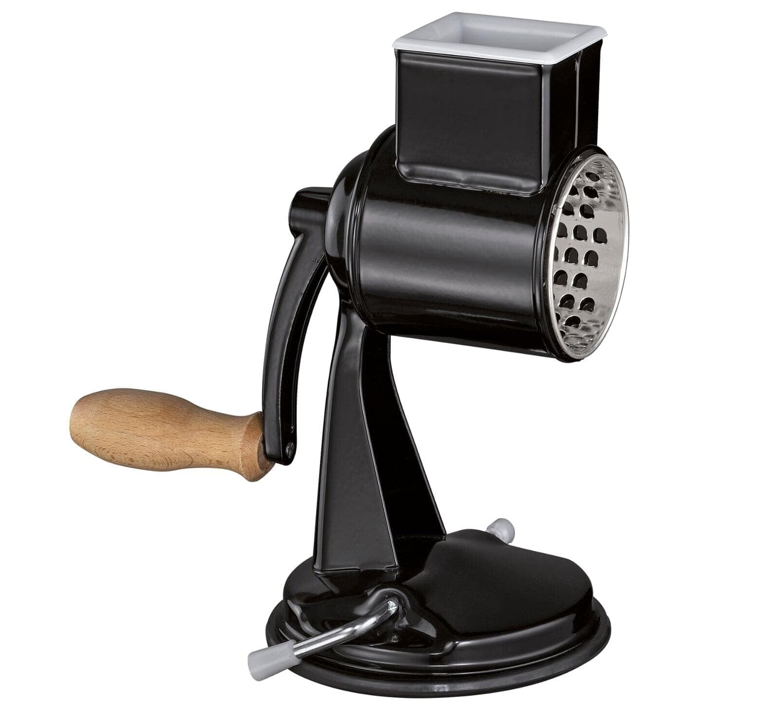 Zassenhaus Classic Manual Kitchen Grater - Stainless Steel Drum Grater with Beech Wood Handle, Black Painted Metal & Suction Base - Includes 2 Grating Drums & Pestle - Perfect for Grating Cheese, Slicing Vegetables & Food Prep - Ideal for Home Kitchens & Professional Use