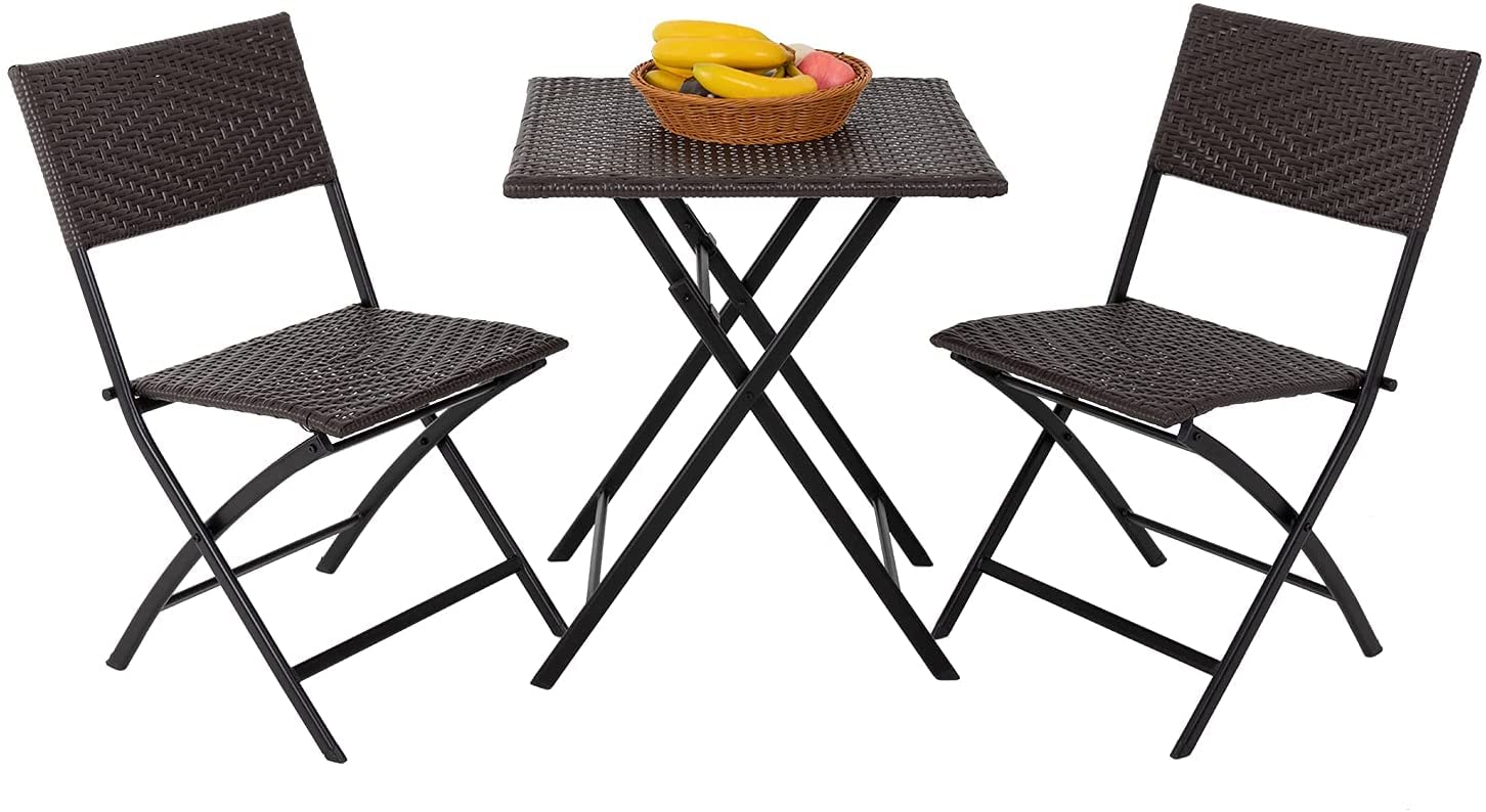 3-Piece Patio Bistro Set - Wicker Rattan Folding Chairs & Table - Outdoor Conversation Furniture for Lawn, Balcony, Poolside & Backyard - Brown Coffee Table Set - Perfect for Relaxing, Entertaining & Dining Al Fresco