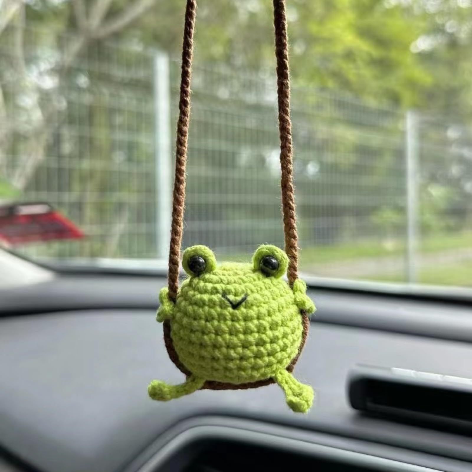 Handmade Crochet Swinging Frog Car Mirror Hanging Decor - Cute Knitted Rearview Mirror Accessories for Women, Aesthetic Car & Home Office Decorations (Perfect Gift for Car Lovers & Boho Style Enthusiasts)