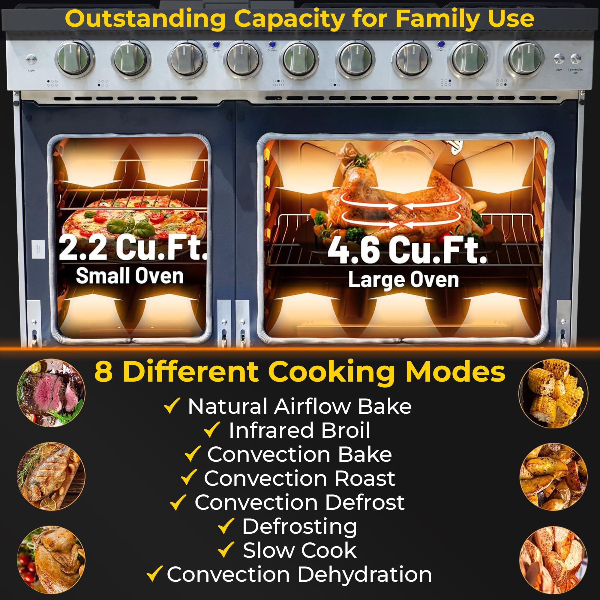 48-Inch Pro-Style Natural Gas or Propane Range with 6 High-Powered Burners, Griddle Cooktop & 6.8 cu. ft. Double Oven - Stainless Steel - Perfect for Home Chefs & Large Family Cooking