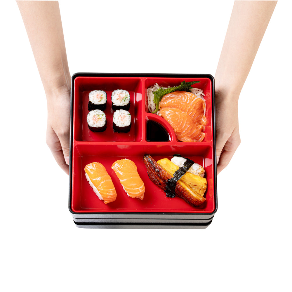 Premium Japanese Bento Box - 3-Layer Square Lunch Container with 4 Compartments (Black & Red) - 8.25