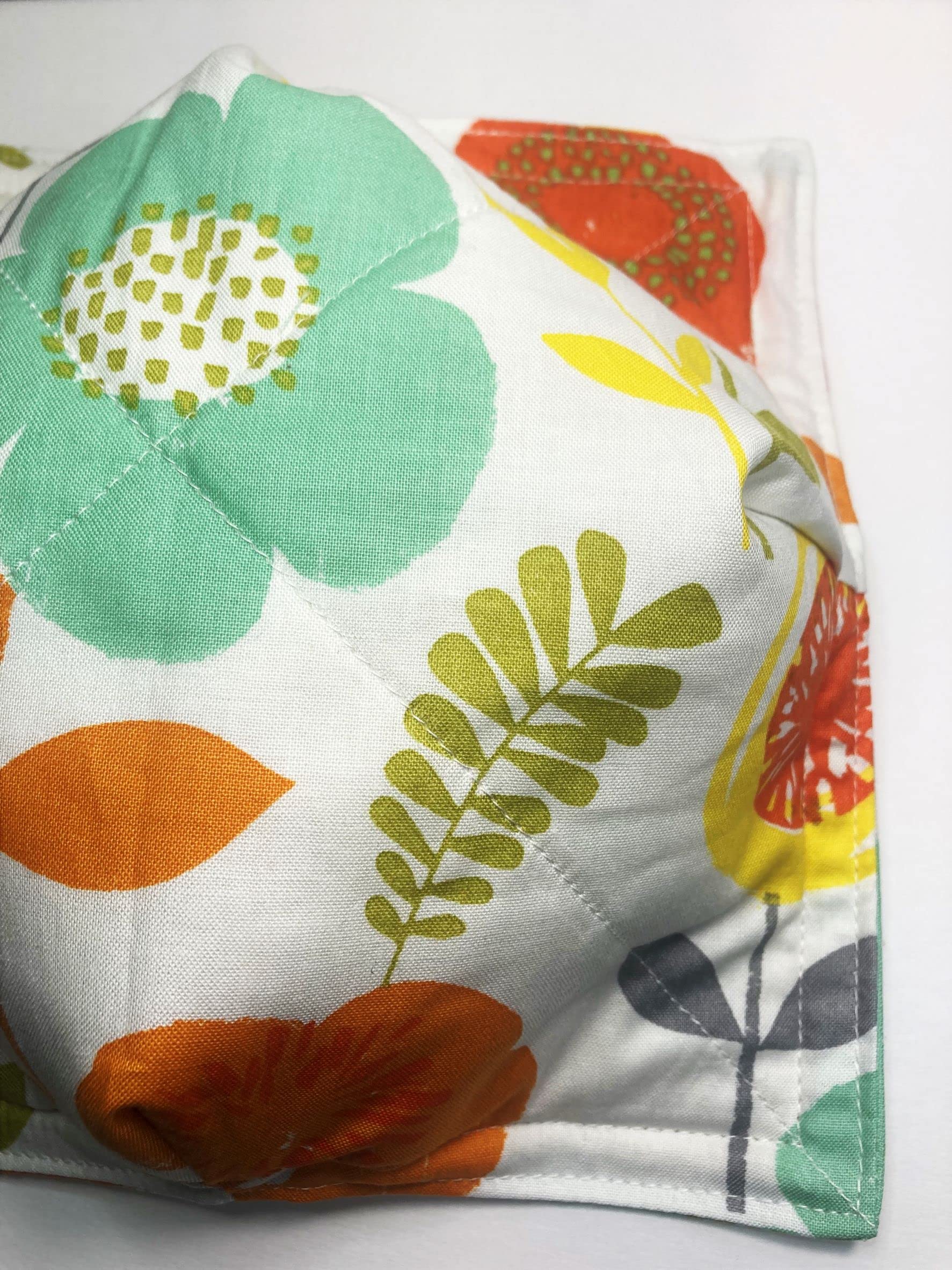 Set of 2 Microwave Bowl Cozies - 8.5 Inch Heat Resistant Cotton Bowl Holders for 8 Inch Bowls, Modern Floral Print (Orange Yellow Aqua) - Perfect for Hot Soup, Oatmeal & Microwave Meals