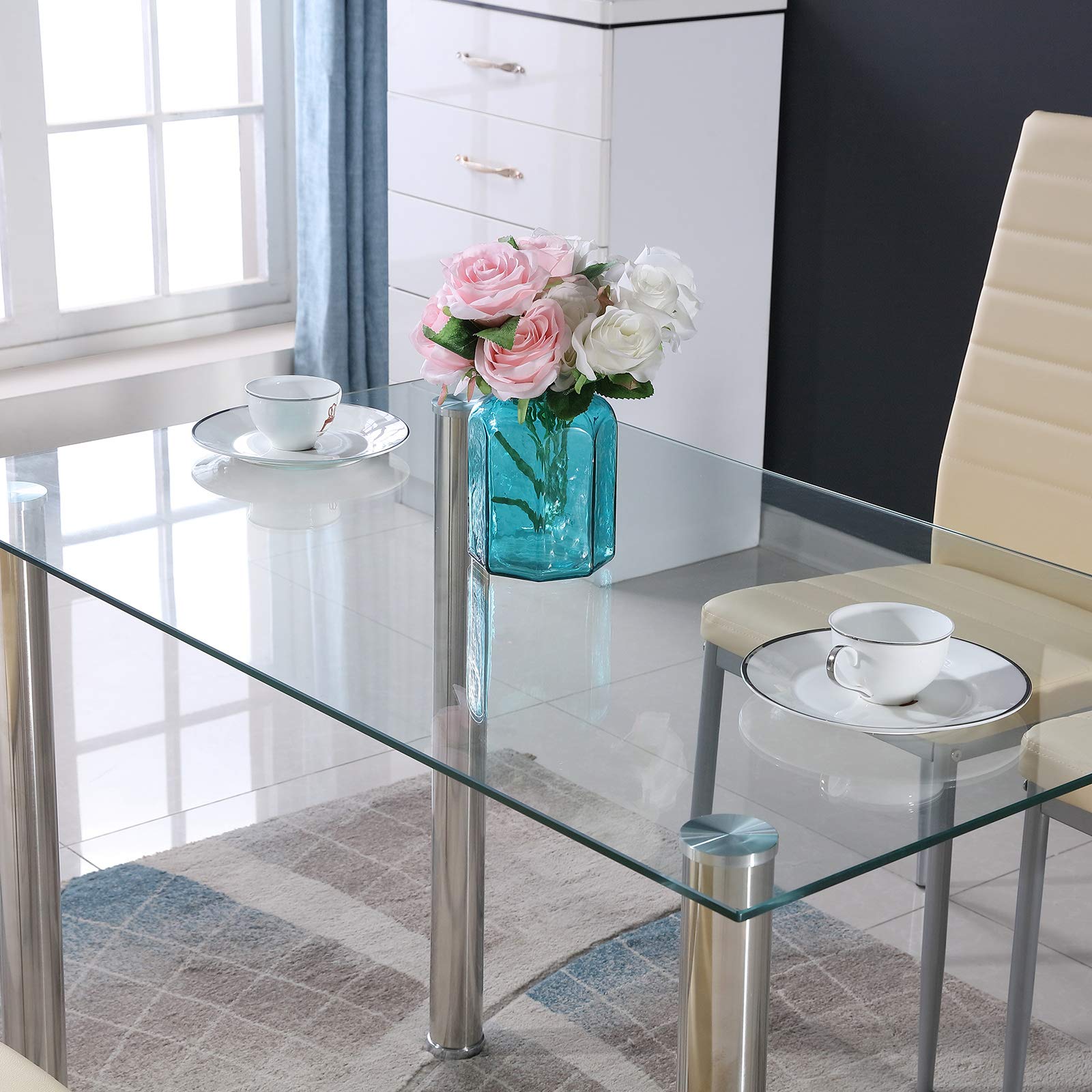 Tempered Glass Dining Table 28x43 Inch - Rust-Resistant Metal Legs, Clear Modern Kitchen Table for Home, Restaurant & Coffee Shop - Perfect for Small Spaces & Indoor Dining