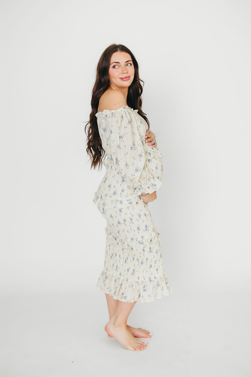Chloe Maternity Midi Dress - Blue Bump Friendly Flowy Dress for Pregnancy, Baby Shower & Special Occasions