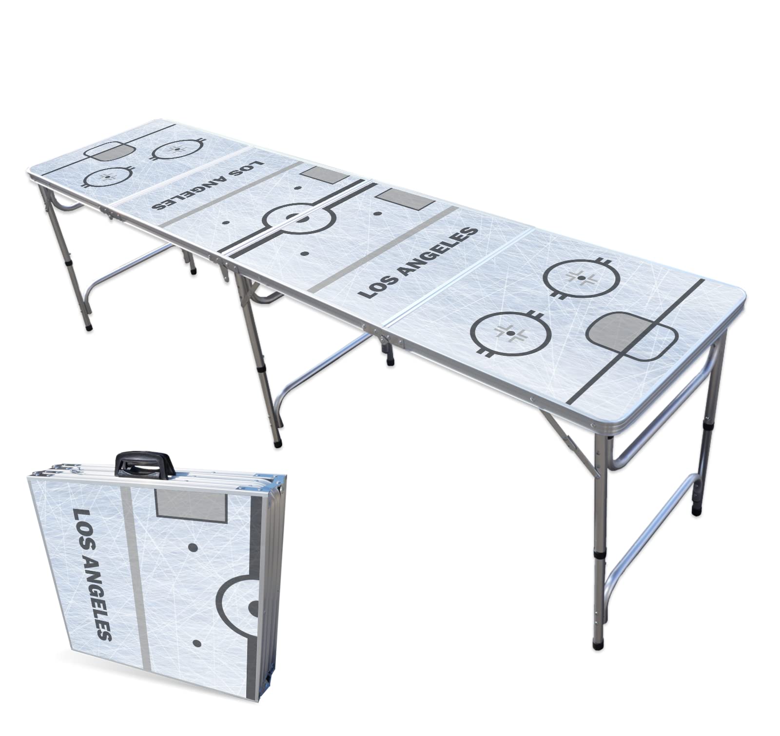 PARTYPONG 8-Foot Folding Portable Beer Pong Table with Optional Cup Holes & LED Lights - Premium Game Table for Parties, Tailgates & College Events (Los Angeles Hockey Rink Design) - Choose Your Model
