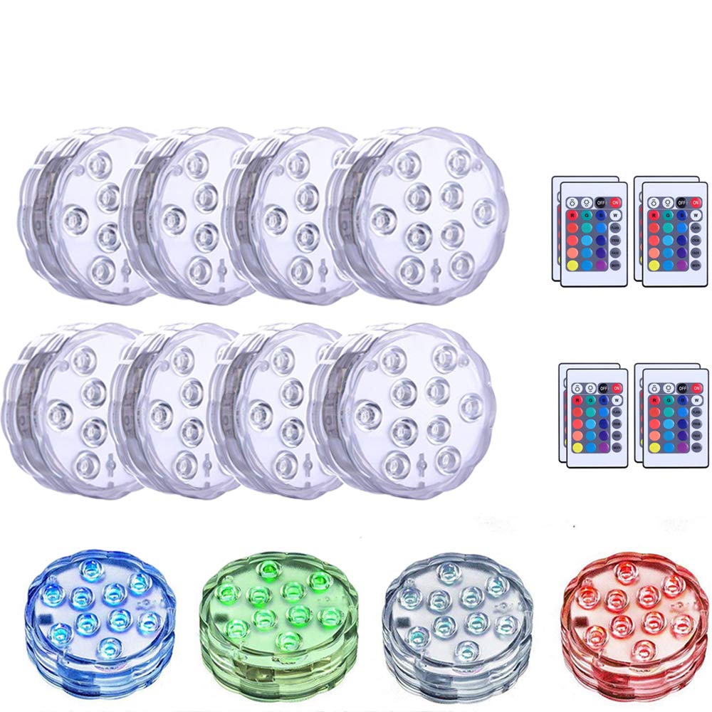 8-Pack Waterproof Submersible LED Lights with Remote - Kinhon Battery Operated RGB Multi-Color Underwater Pond Lights for Pool, Garden, Wedding & Outdoor Decor | Perfect for Landscape Lighting, Fountain Accents & Party Decorations