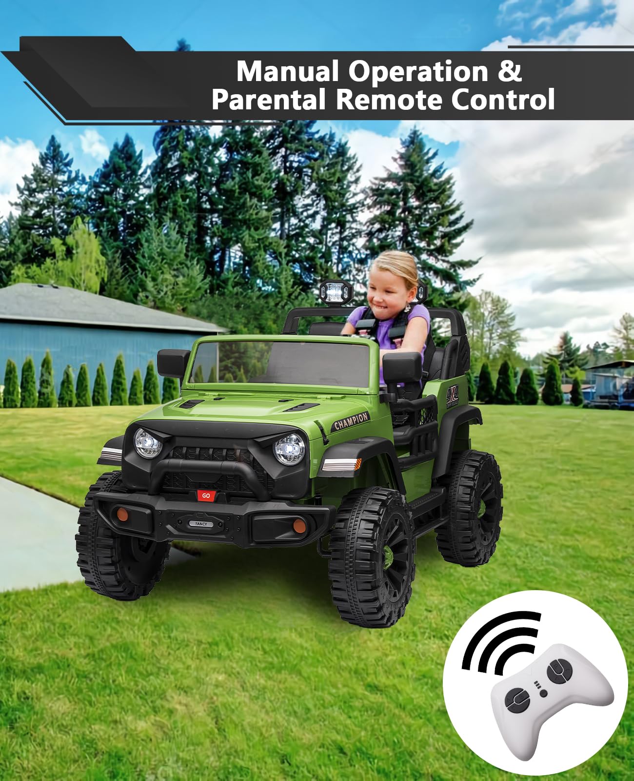 GARVEE 24V Kids Electric Ride On Car - 2 Seater XL Power Wheels for Boys & Girls Ages 3-8 | 3 Speed, 200W Dual Motor, Bluetooth Music, Parent Remote Control, Suspension System | Perfect for Backyard Play, Birthday Gifts & Outdoor Family Fun (Green)
