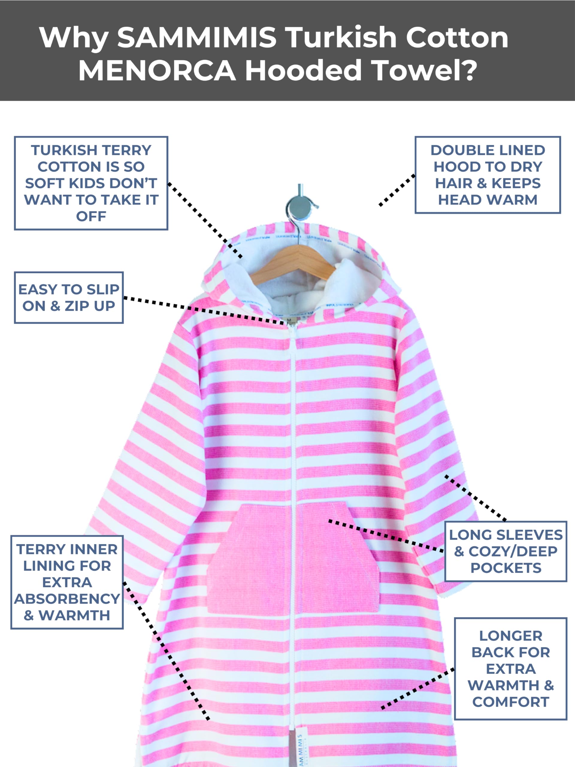 Kids Hooded Bathrobe & Swim Cover Up for Boys & Girls - Terrycloth Zip Up Poncho Beach Towel - Soft & Absorbent for Pool, Beach & After Bath (SAMMIMIS)