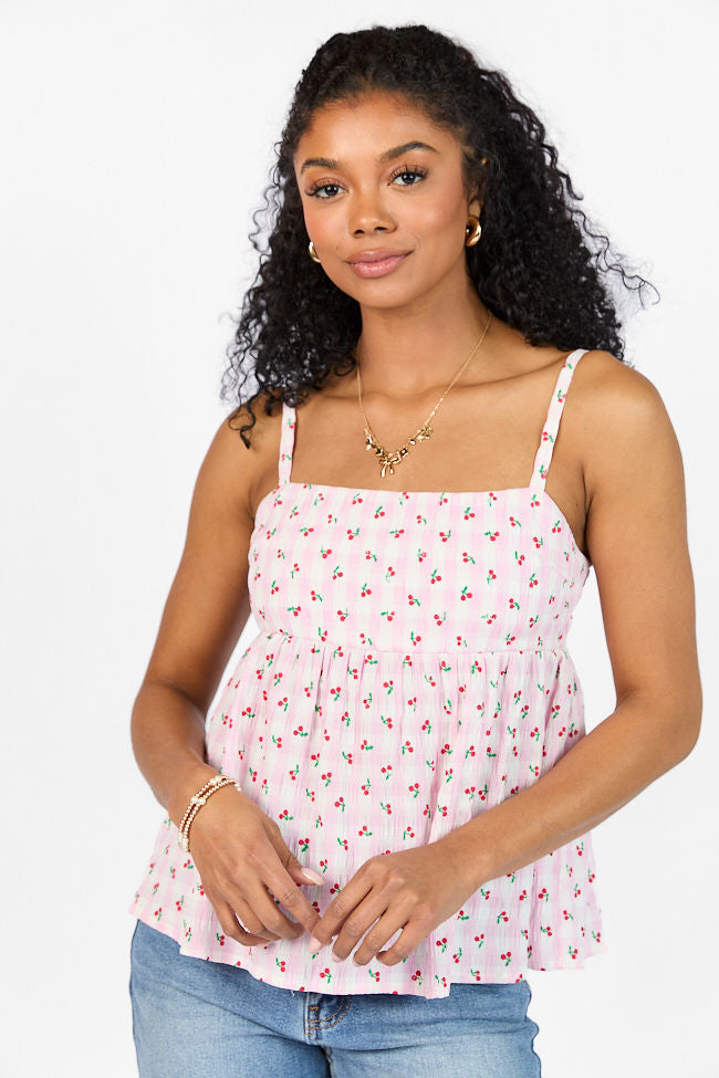 Sweet As Can Be Pink Cherry Gingham Print Tank Top - Women's Summer Casual Sleeveless Blouse for Beach, Picnic & Date Night Outfits