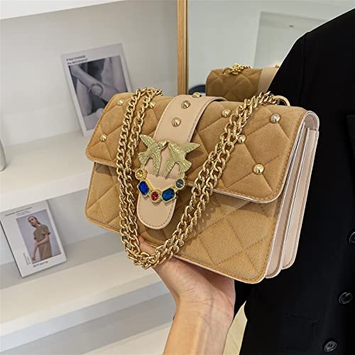 Stylish Women's Corduroy Shoulder Bag with Chain & Diamond Accents - Retro Rivet PU Leather Crossbody Messenger Purse (Khaki, 28x10x18cm) for Everyday Use, Work & Date Nights