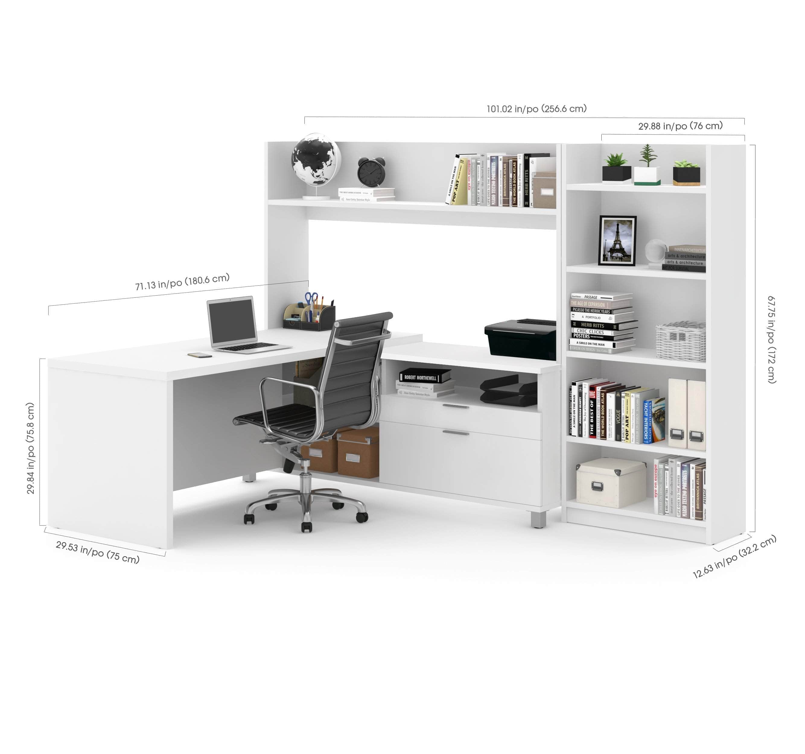 Pro Linea 2-Piece Office Furniture Set - White L-Shaped Desk with Hutch & Bookcase for Home Office, Study Room or Workspace Organization
