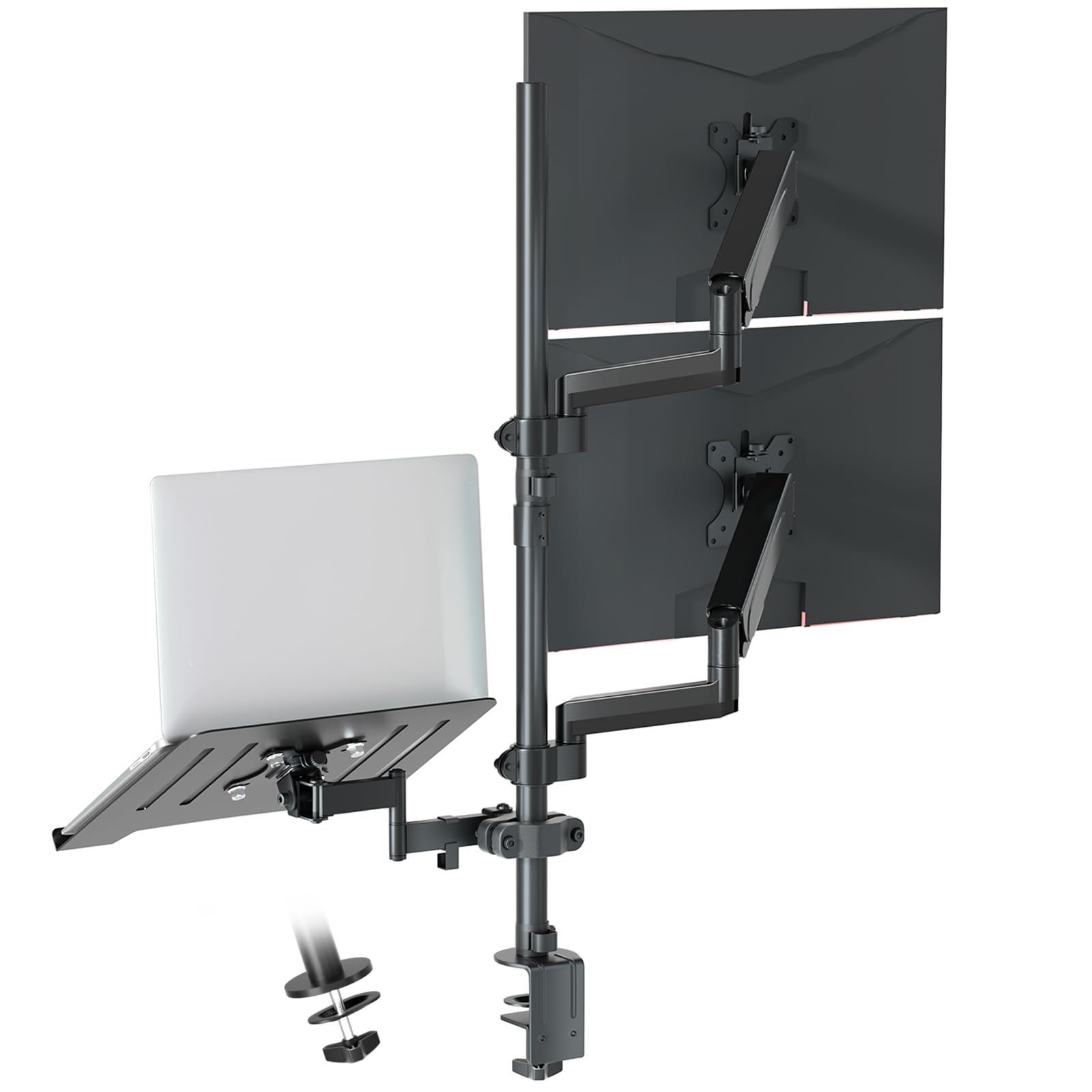 PUTORSEN Dual Monitor and Laptop Stand - Adjustable 3-in-1 Desk Mount for Two 17-32 Inch Screens & 17