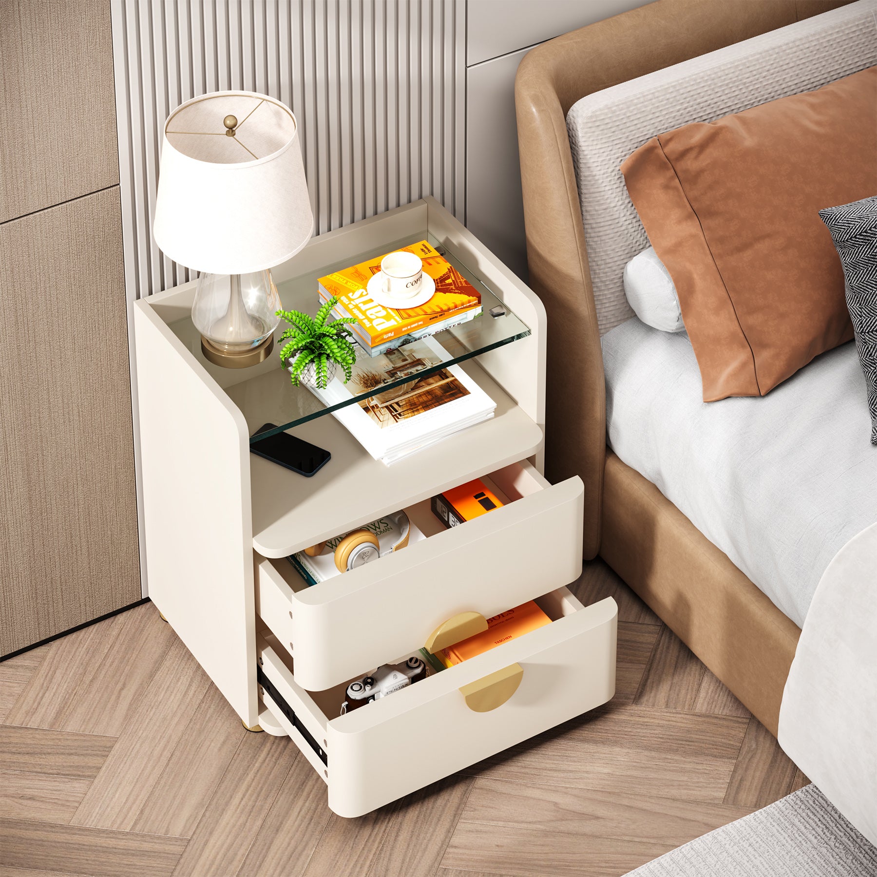 Modern 2-Drawer Nightstand with Open Storage Shelf - Stylish Bedside Table for Bedroom, Living Room, or Office - Perfect for Storing Books, Lamps & Bedroom Essentials