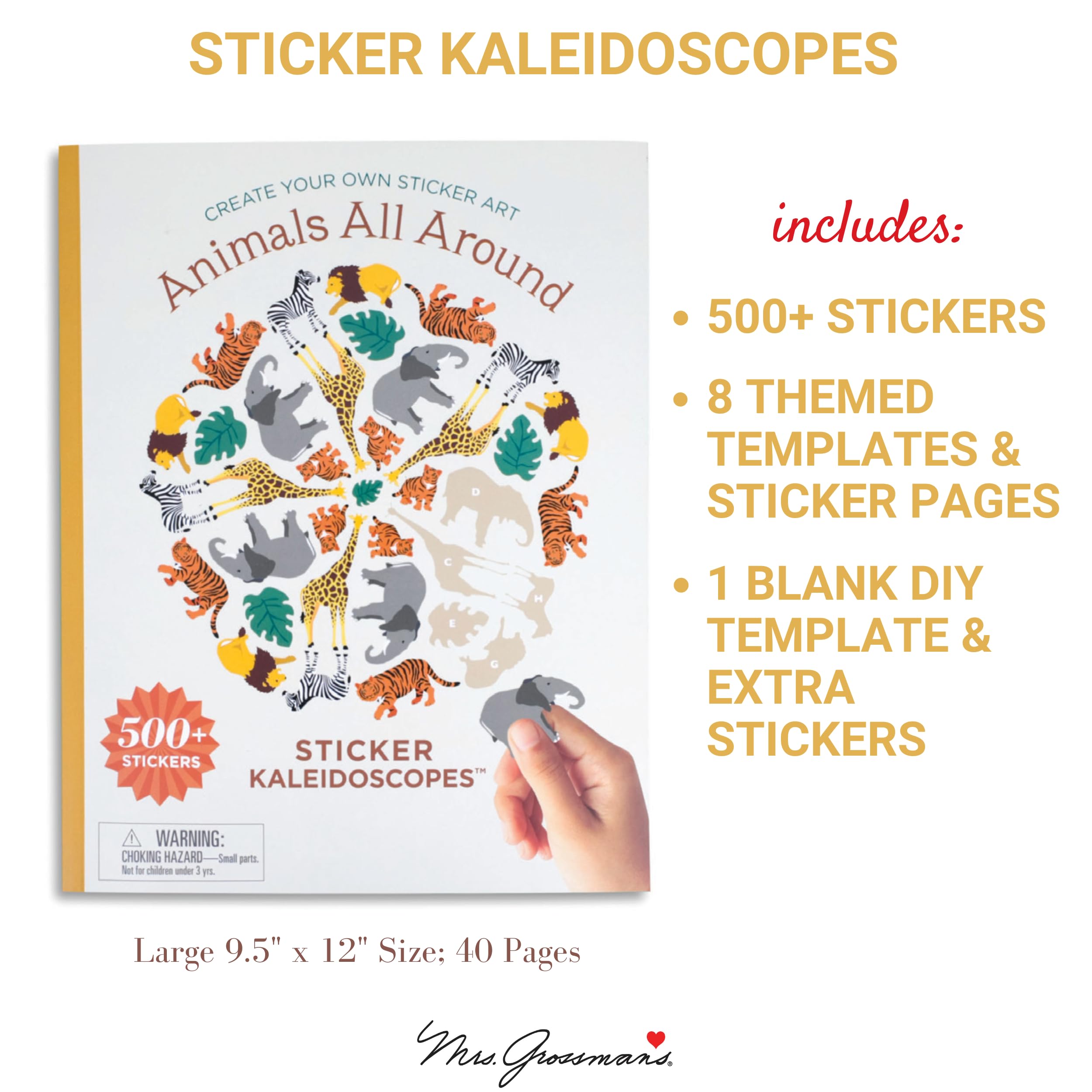 Mrs. Grossman's Sticker Kaleidoscopes Activity Book - DIY Mandala Art Kit with 500+ Stickers & 8 Designs, Sticker by Number for Kids & Adults, Creative Stress Relief & Mindfulness Activity (Animals Theme) - Perfect for Family Bonding, Party Favors & Art Therapy