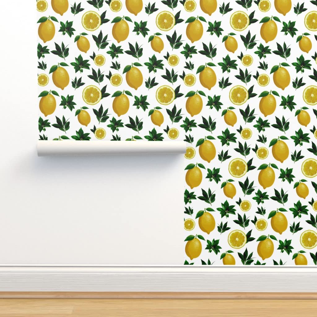 12ft x 2ft Peel & Stick Removable Wallpaper - Vintage Lemon Citrus Pattern in Yellow & Green | Spoonflower Custom Wallpaper for Kitchen, Bathroom & Nursery Decor