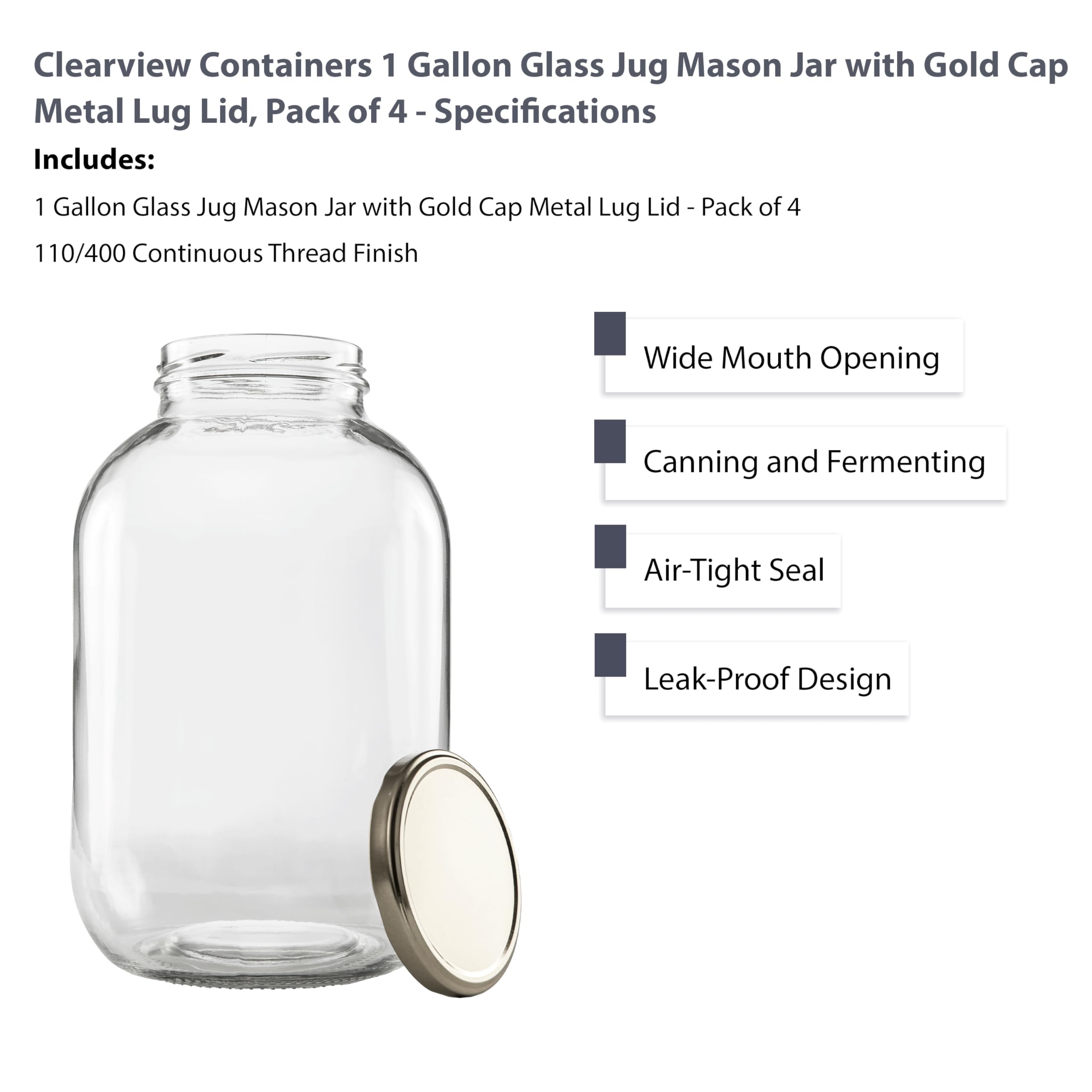 1 Gallon Glass Wide Mouth Jar with Gold Cap Metal Lug Lid (128oz, 4 Pack) - Perfect for Canning, Fermenting, Food Storage & DIY Crafts