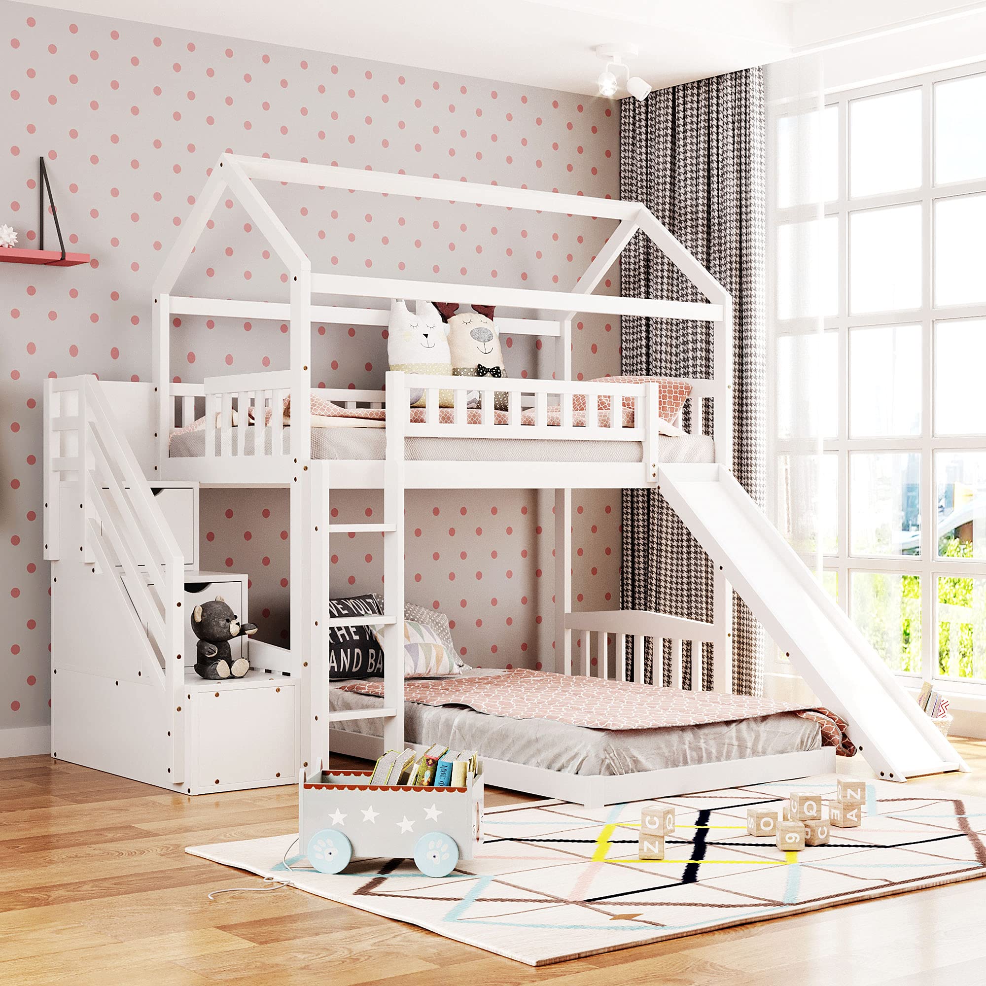 Solid Wood Twin Over Twin Bunk Bed with Slide - Kids House-Shaped Loft Bed Frame with 2 Drawer Stairs & Ladder for Boys, Girls, Teens - No Box Spring Needed (White) - Perfect for Small Bedrooms, Shared Kids Rooms & Play Areas