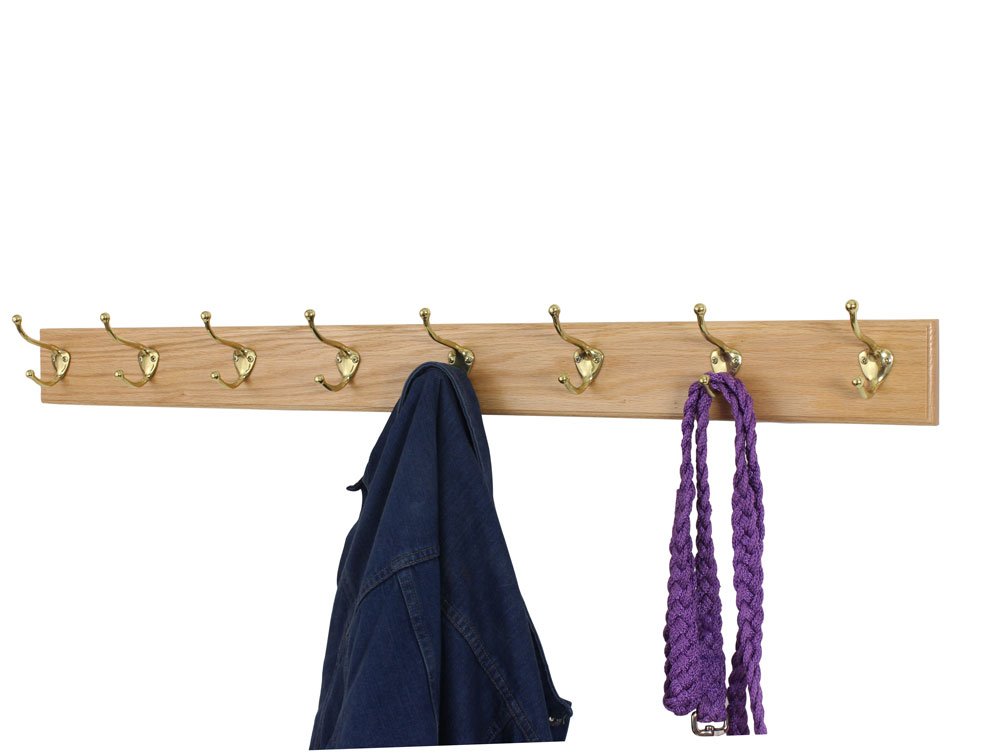 Solid Oak Coat Rack with Brass Hooks - USA Made for Entryway & Bedroom