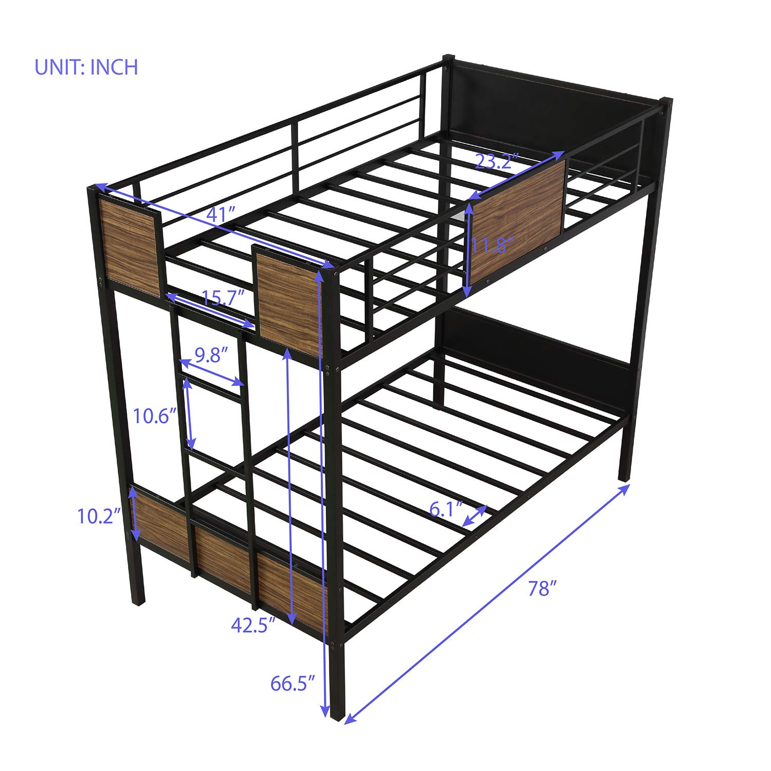 Modern Twin-Over-Twin Bunk Bed with Safety Rail & Built-in Ladder - Sturdy Steel Frame for Kids & Teens (Brown, 78