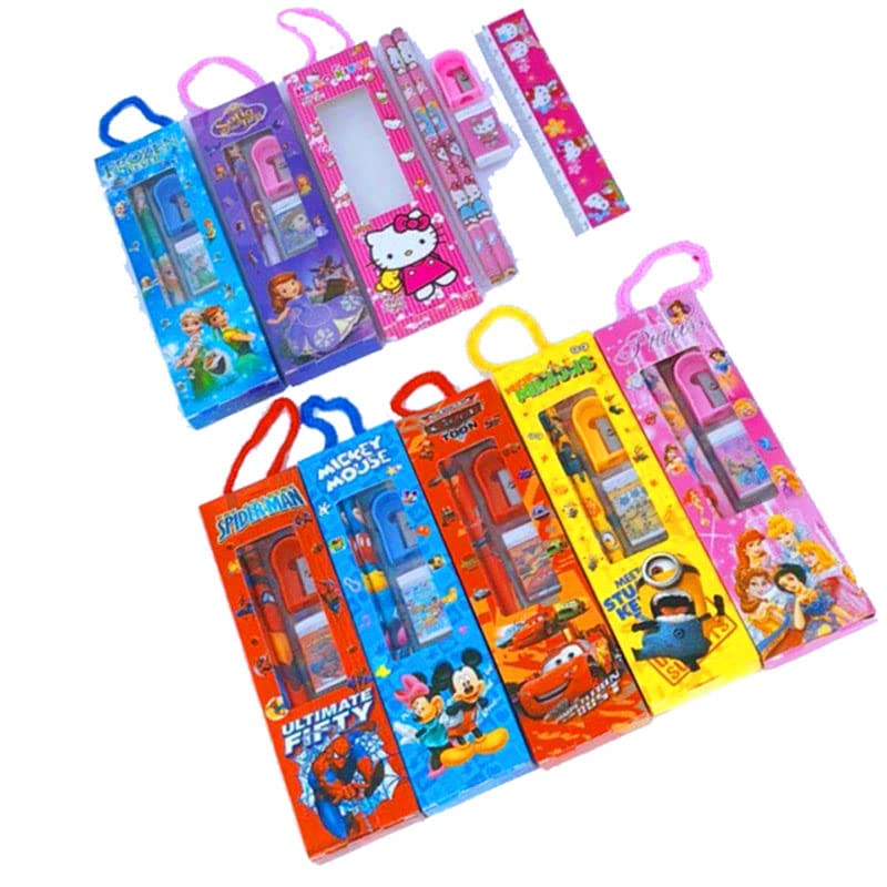KOBBET® Kids Stationery Gift Set - 4 PCS (2 Pencils, 1 Ruler, 1 Eraser & 1 Sharpener) - Perfect for Rakhi, Sisters Day, School Supplies & Festive Gifts - Great for Classroom, Birthday Presents & Return Gifts
