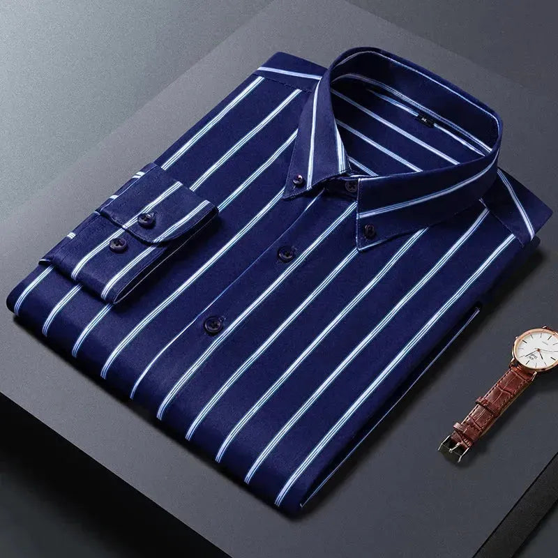 Men's Business Casual Wide Striped Shirt - Slim Fit Long Sleeve Button Down Dress Shirt for Office, Work & Formal Occasions