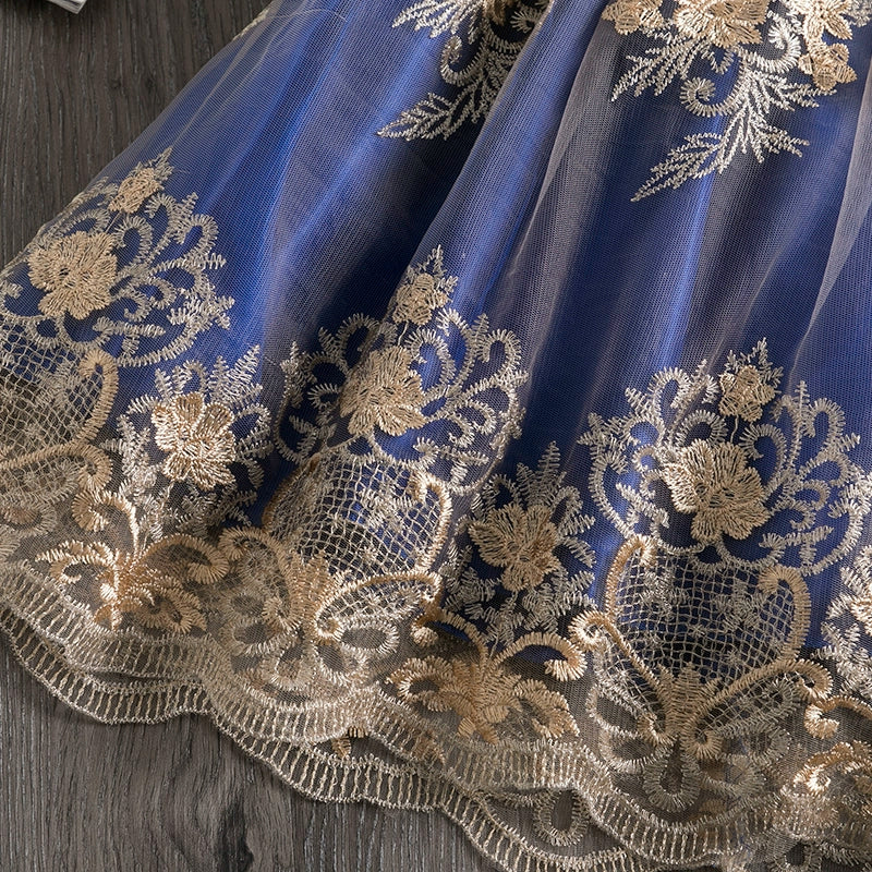 Royal Blue Satin Princess Boat Neck Tea-Length Flower Girl Dress for Weddings & Special Occasions