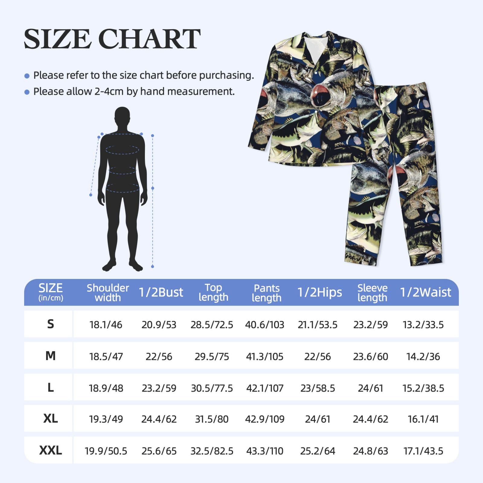 Men's Fish Print Pajama Set - Long Sleeve Button Down Sleepwear with Pockets | Comfortable Lounge Wear for Home, Travel & Relaxation