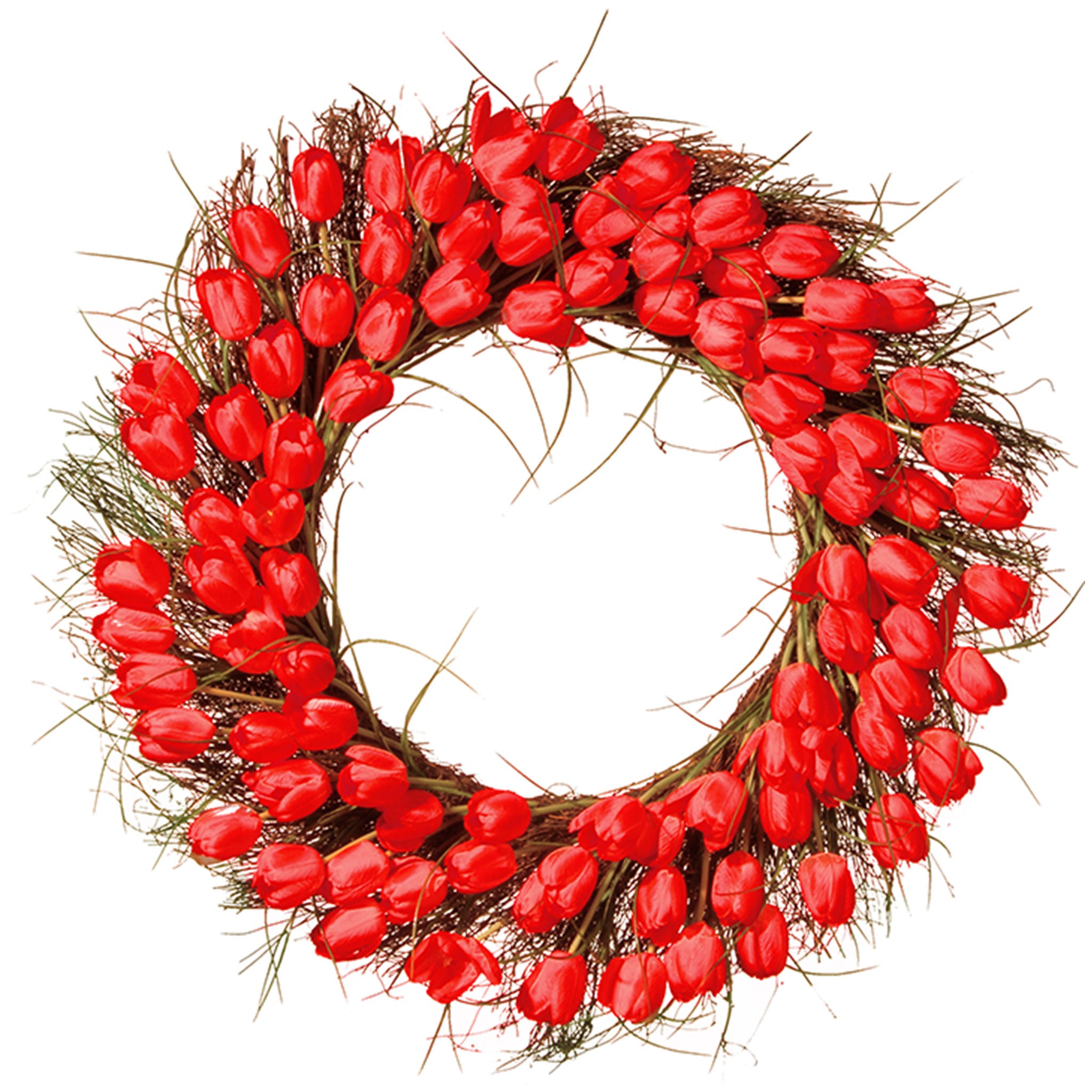 32 Inch Spring Wreath with Red Tulip Flowers and Green Stems - Elegant Front Door Decor for Easter, Mother's Day & Home Entryway