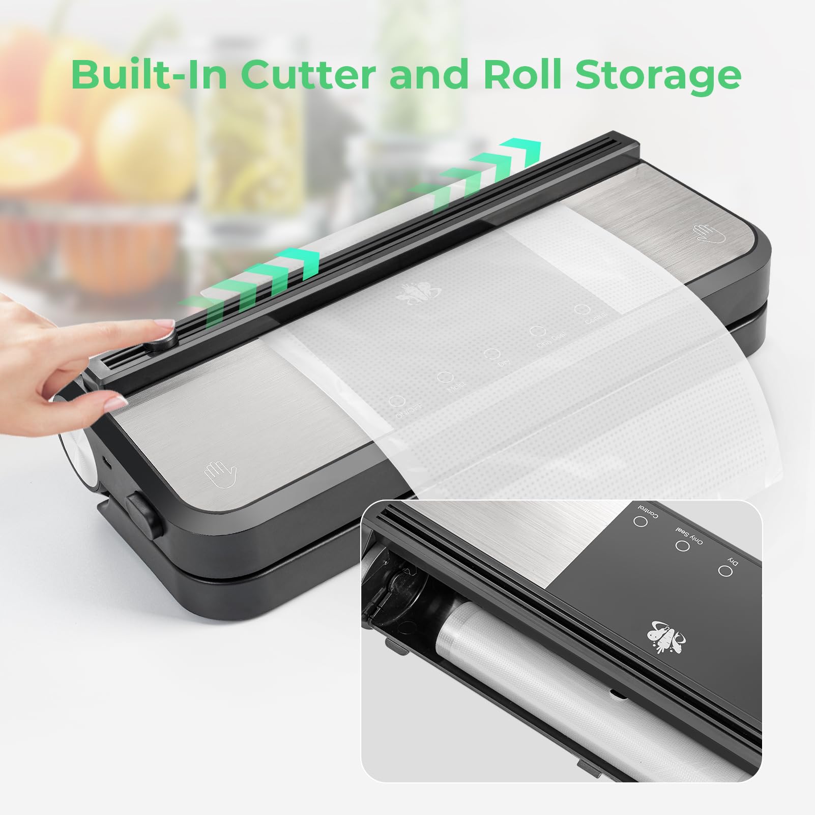**Rechargeable Cordless Vacuum Sealer Machine with Built-in Cutter & Bag Storage | External Air Hose for Mason Jars & Canisters | Black & Gray | Perfect for Food Preservation, Sous Vide & Travel**