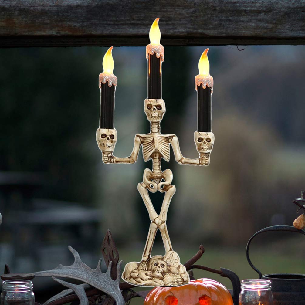 Uonlytech 2-Pack Halloween Skeleton Flameless LED Candles with Skull Candle Holders - Spooky Decor for Halloween Party, Home, Haunted House & Gothic Themed Events