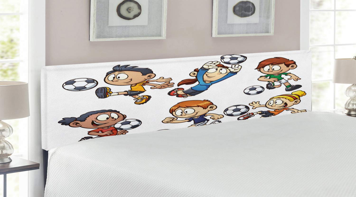 Ambesonne Soccer Headboard - Cartoon Football Player Design, Upholstered Metal Bed Frame with Memory Foam, King Size Multicolor Headboard for Sports Fans | Perfect for Kids' Bedrooms, Game Rooms & Soccer Themed Decor
