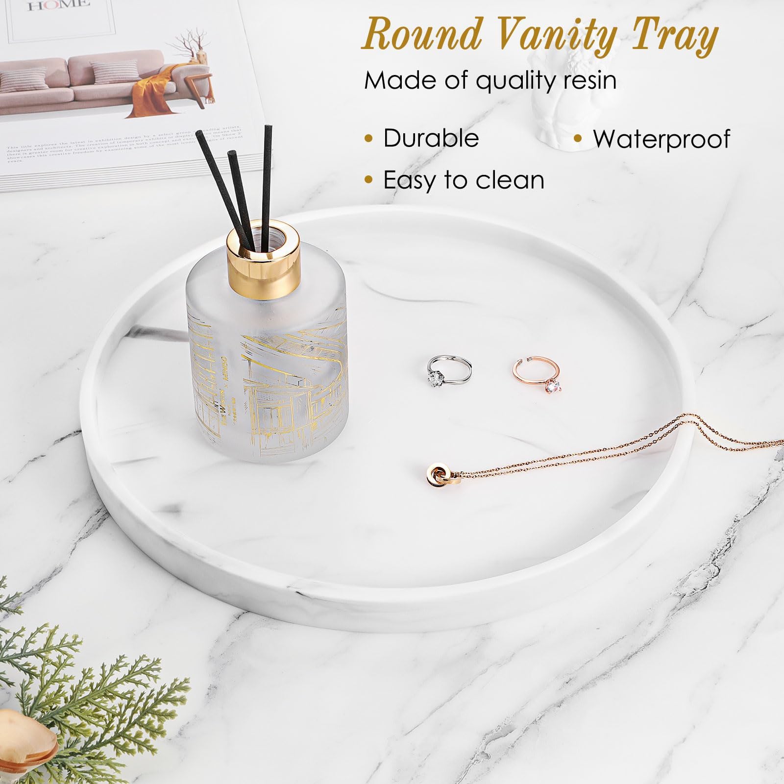 Luxspire 10.63 Inch Round Vanity Tray - Marble White Resin Bathroom & Kitchen Organizer for Perfume, Jewelry, Candles - Decorative Countertop Tray for Dresser, Coffee Table & Home Decor