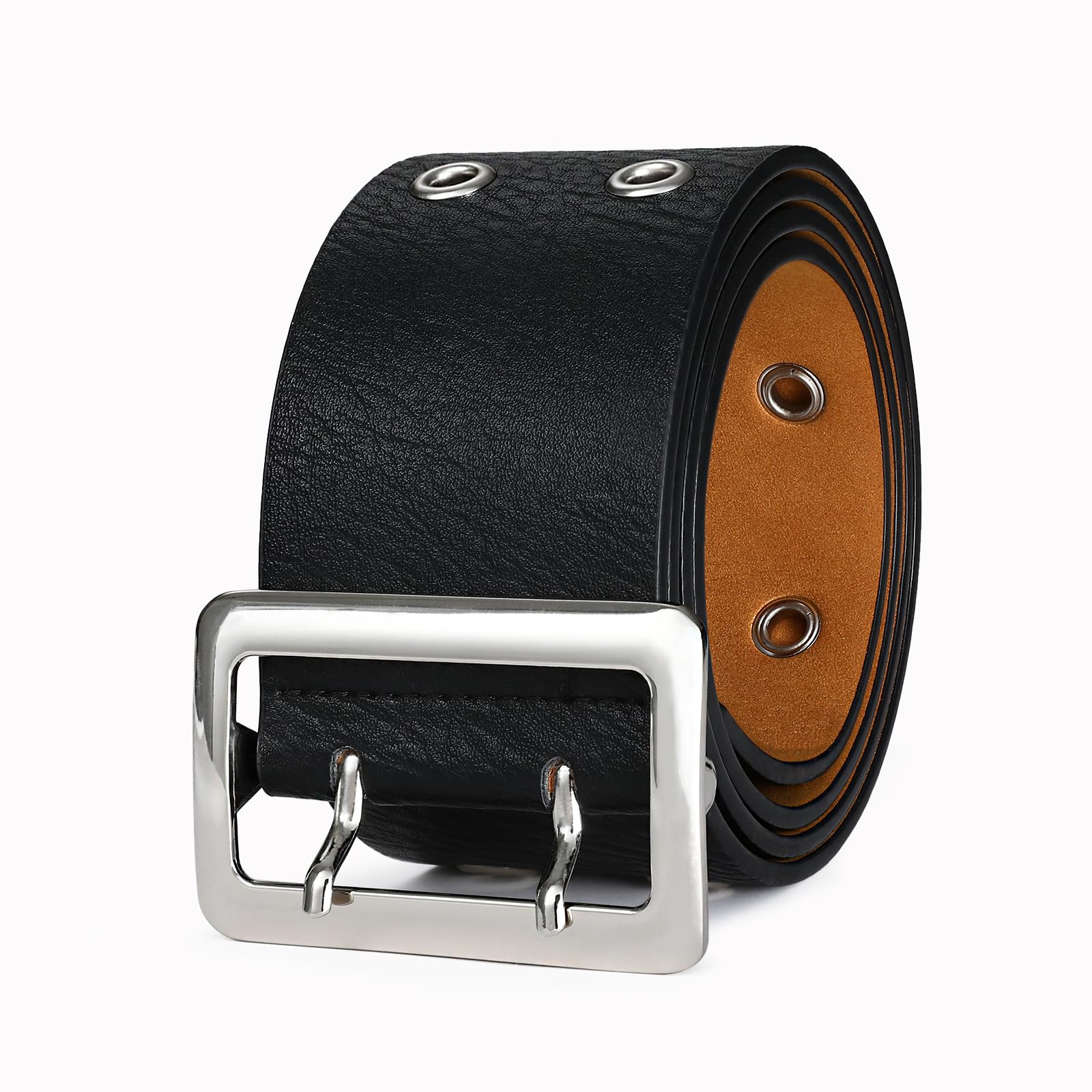 Women's Black Belt with Silver Buckle & Metal Ring Link Decor - Stylish Accessory for Jeans, Pants & Casual Outfits | Perfect for Everyday Wear, Office & Date Nights