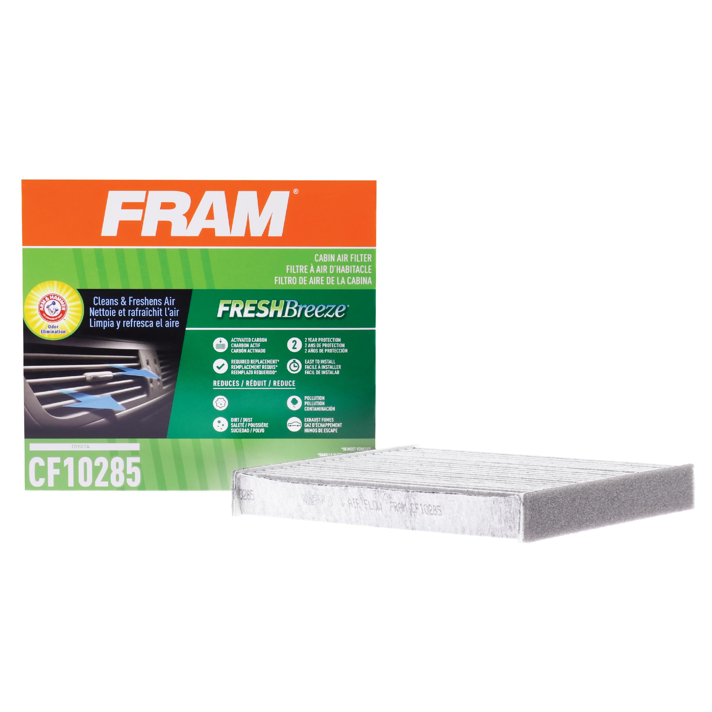 FRAM Fresh Breeze Cabin Air Filter with Arm & Hammer Baking Soda - Replacement for Toyota Vehicles (CF10285) | Easy Installation, Odor Elimination & Improved Air Quality | Perfect for All-Season Driving & Allergy Relief