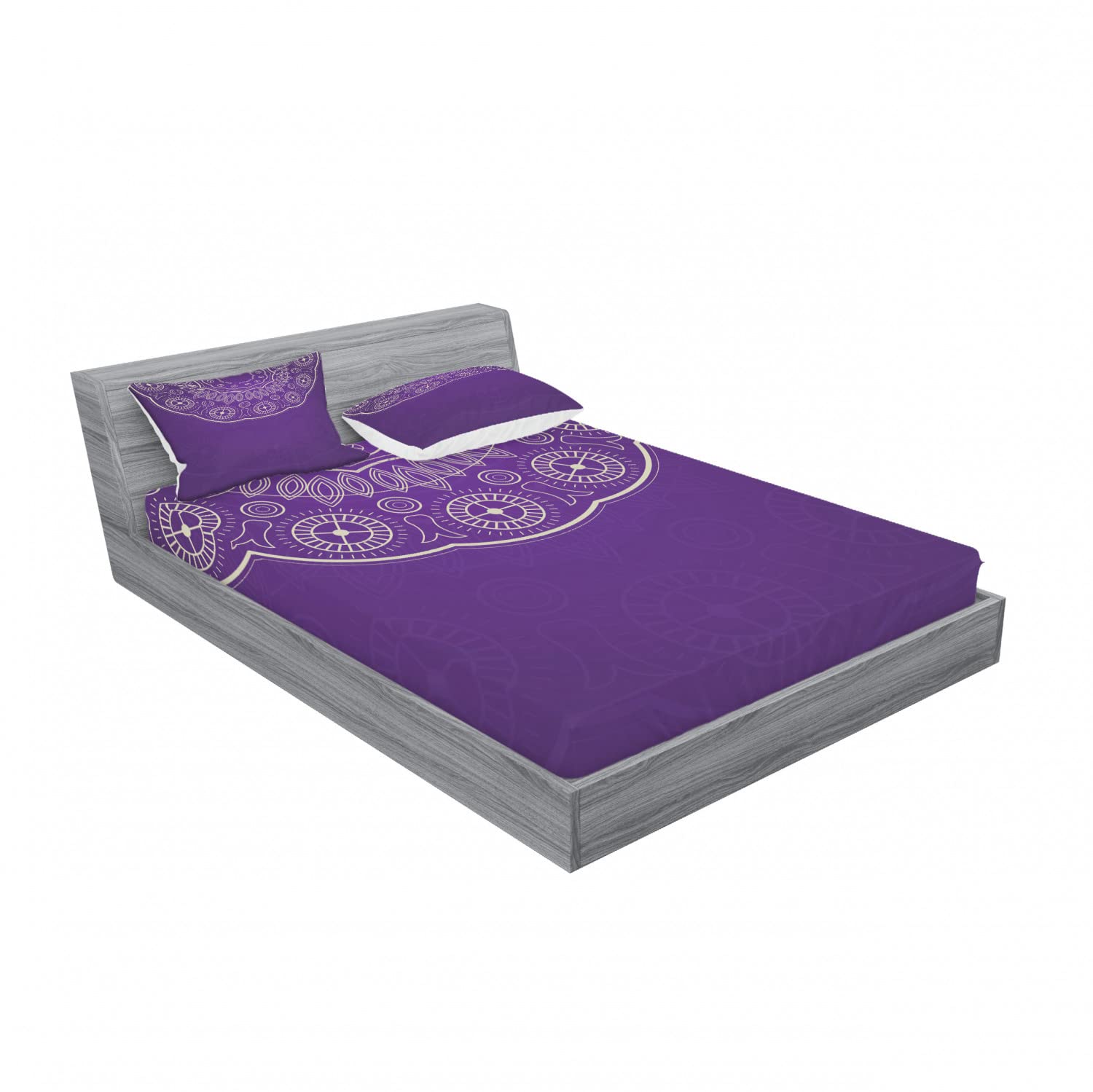 Ambesonne 2-Piece Purple Mandala Fitted Sheet & Pillow Sham Set - Bohemian Geometric Doodle Bedding Decor (2 Twin XL Fitted Sheets + 4 Pillow Covers) in Violet & Eggshell - Perfect for Boho Bedroom, Dorm Room, or Guest Room Decor