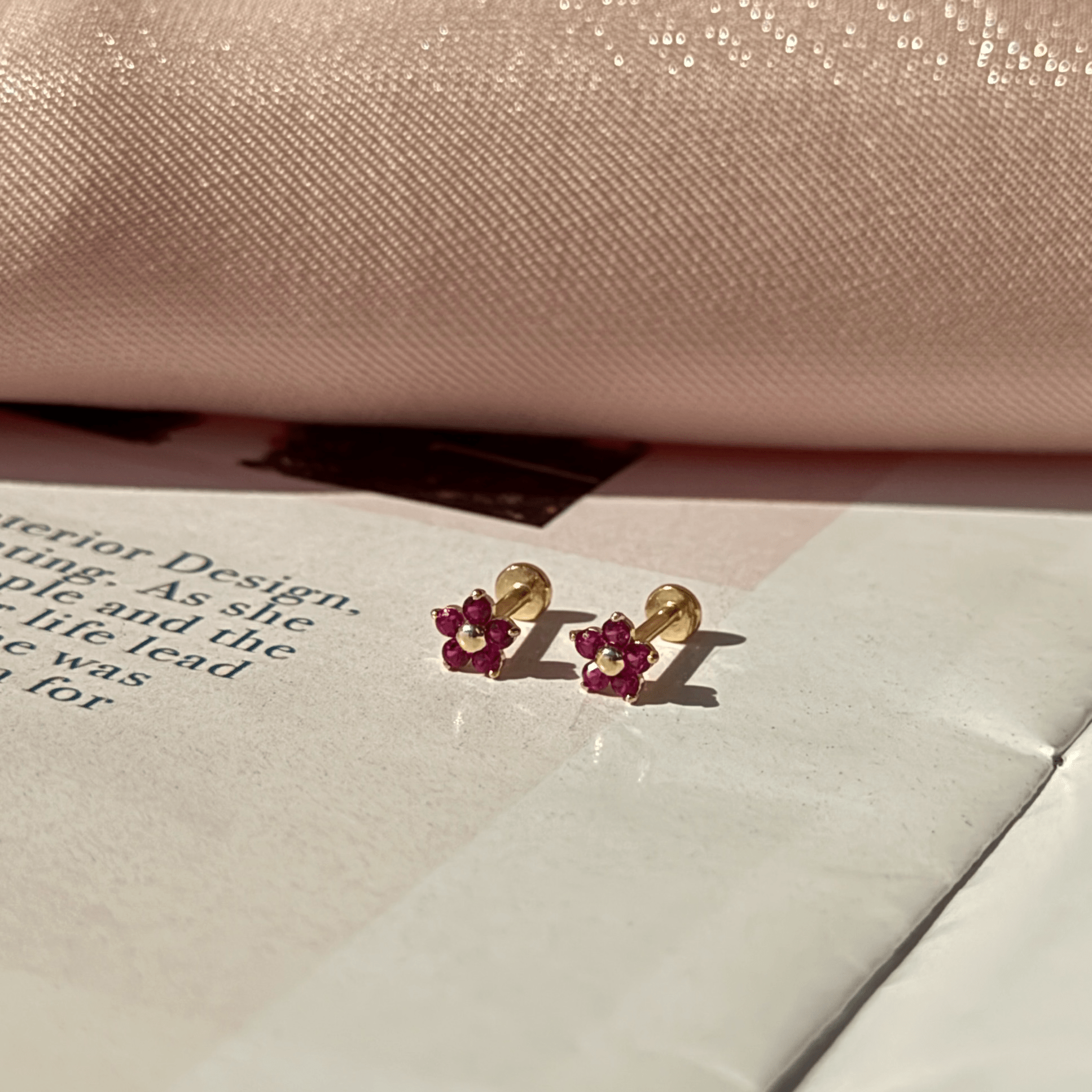14K Solid Yellow Gold Ruby Flower Stud Earrings for Women - Elegant Floral Jewelry for Daily Wear, Parties & Special Occasions