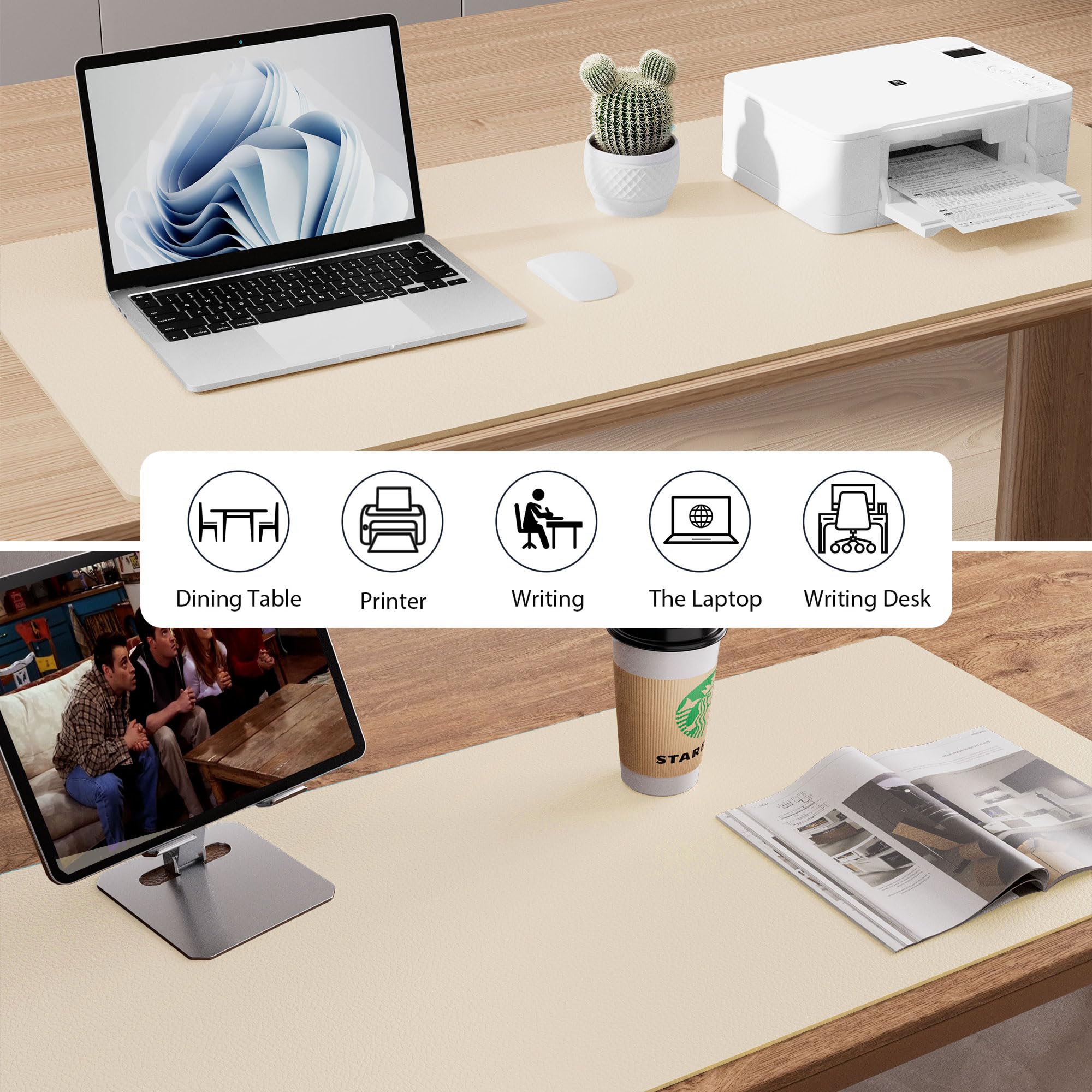 Premium Aothia Leather Desk Pad Protector - Large Non-Slip PU Leather Mouse Pad & Office Mat - Waterproof Writing Surface for Laptop, Computer, Home & Office Workspace (Beige, 23.6