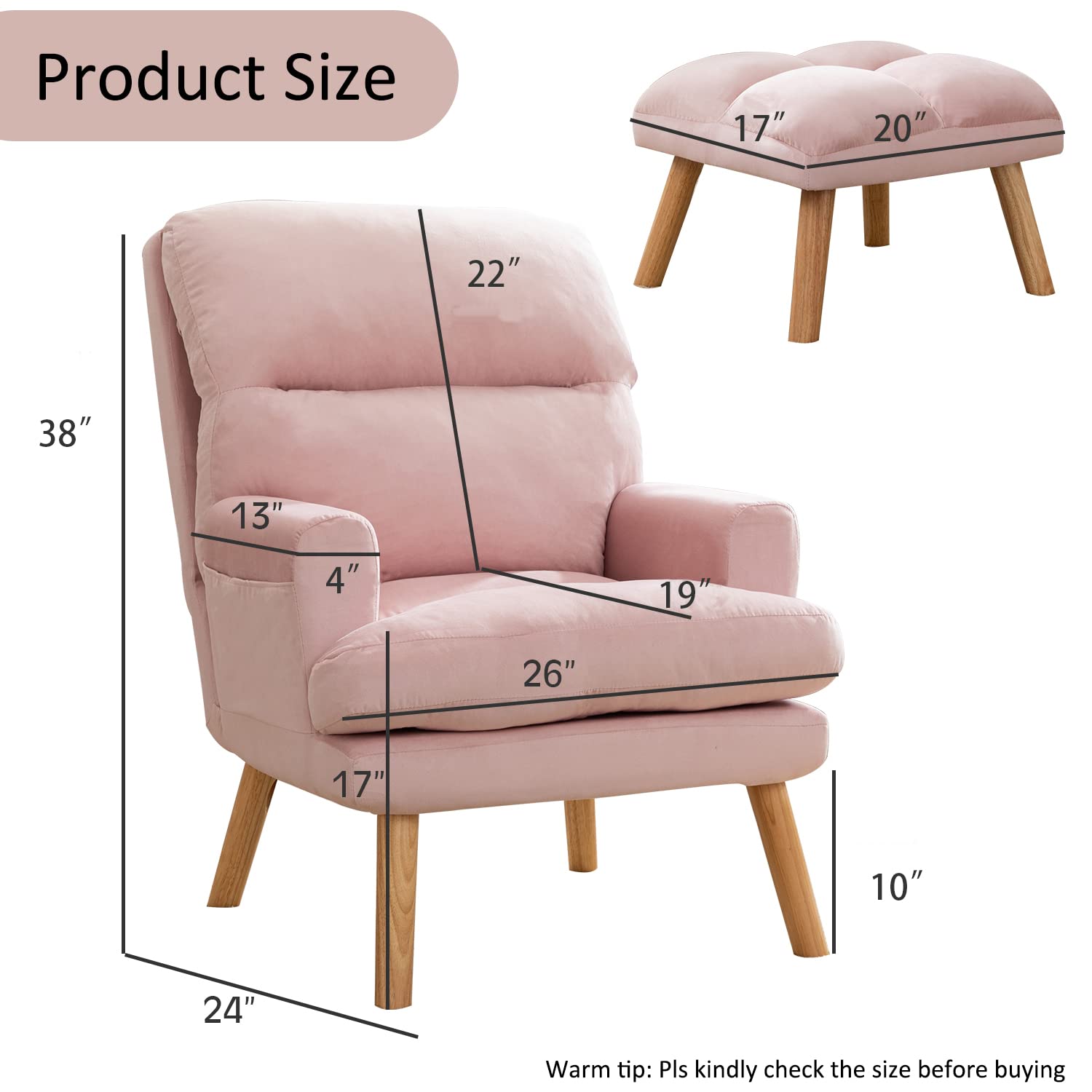 INZOY Modern Accent Chair with Ottoman - Adjustable Backrest, Velvet Fabric Armchair with Side Pockets for Living Room, Bedroom & Office - Comfy Lounge Chair in Pink (Perfect for Relaxing, Reading & Small Space Decor)