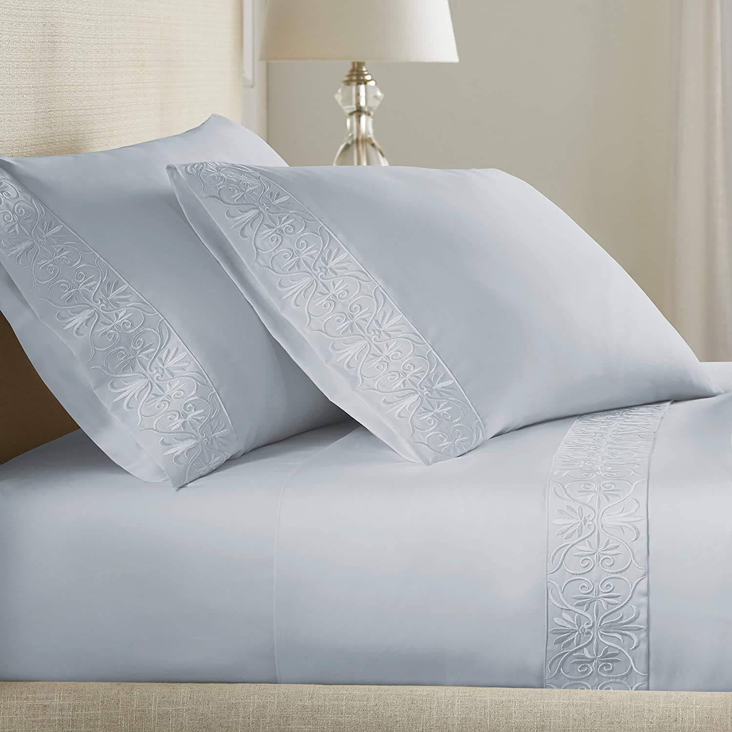 Pure Parima Luxury 100% Certified Egyptian Cotton Sheet Set - Extra-Long Staple, Cool & Breathable for Ultimate Comfort | Embroidered All-Natural Split King Sheets for Adjustable Beds (Icy Blue) - Perfect for Hot Sleepers & Premium Bedroom Decor