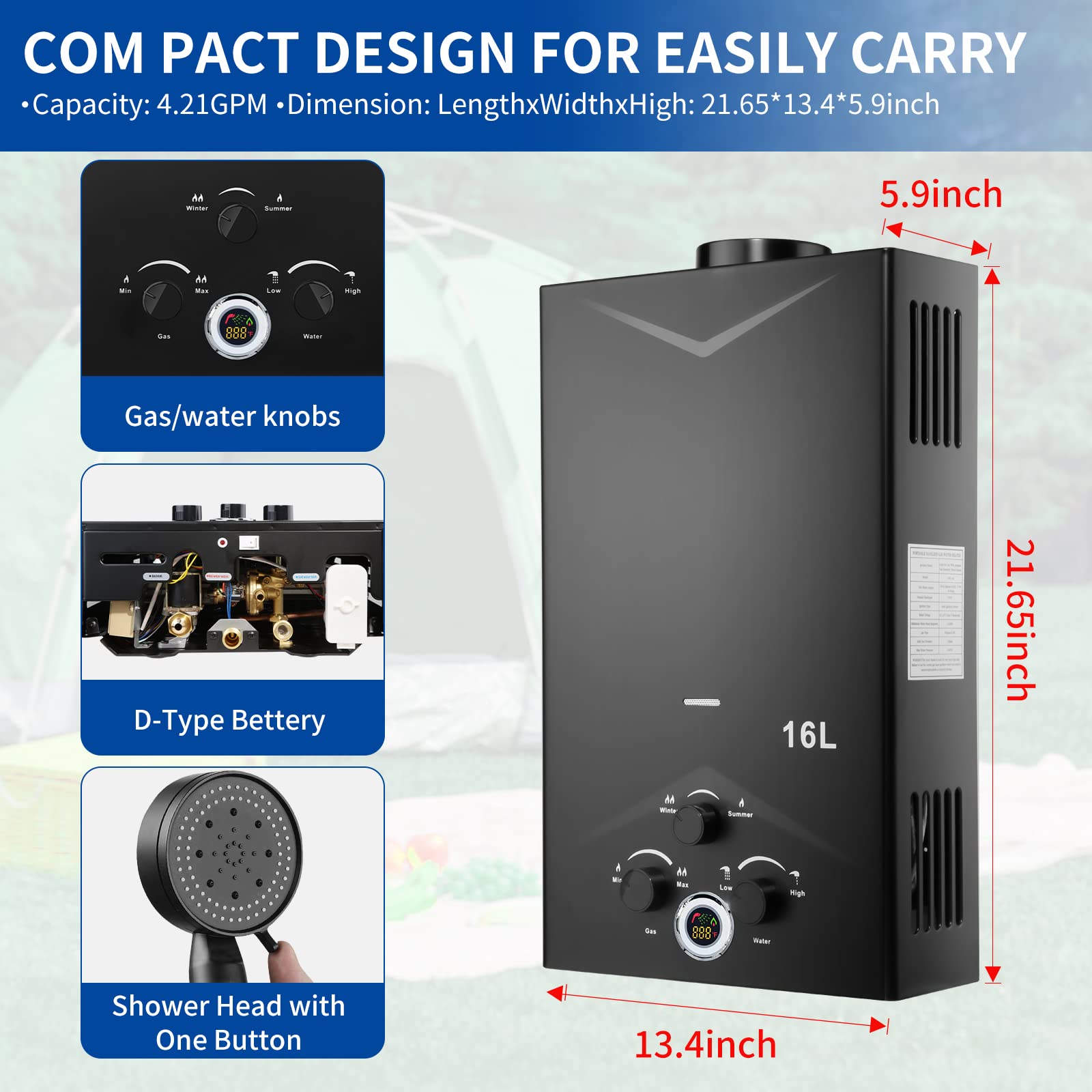 4.21GPM 16L Outdoor Portable Tankless Propane Water Heater with Digital Display - Instant Hot Water for Camping, RV, Boat Cabins & Off-Grid Living - Multi-Protection Safety System