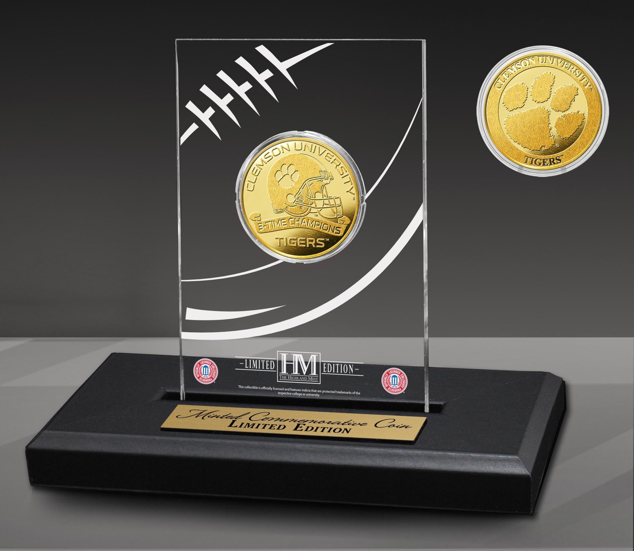 Clemson University Tigers 3-Time National Champions Commemorative Gold Coin in Acrylic Display Case - Perfect for Sports Memorabilia Collectors and Clemson Fans