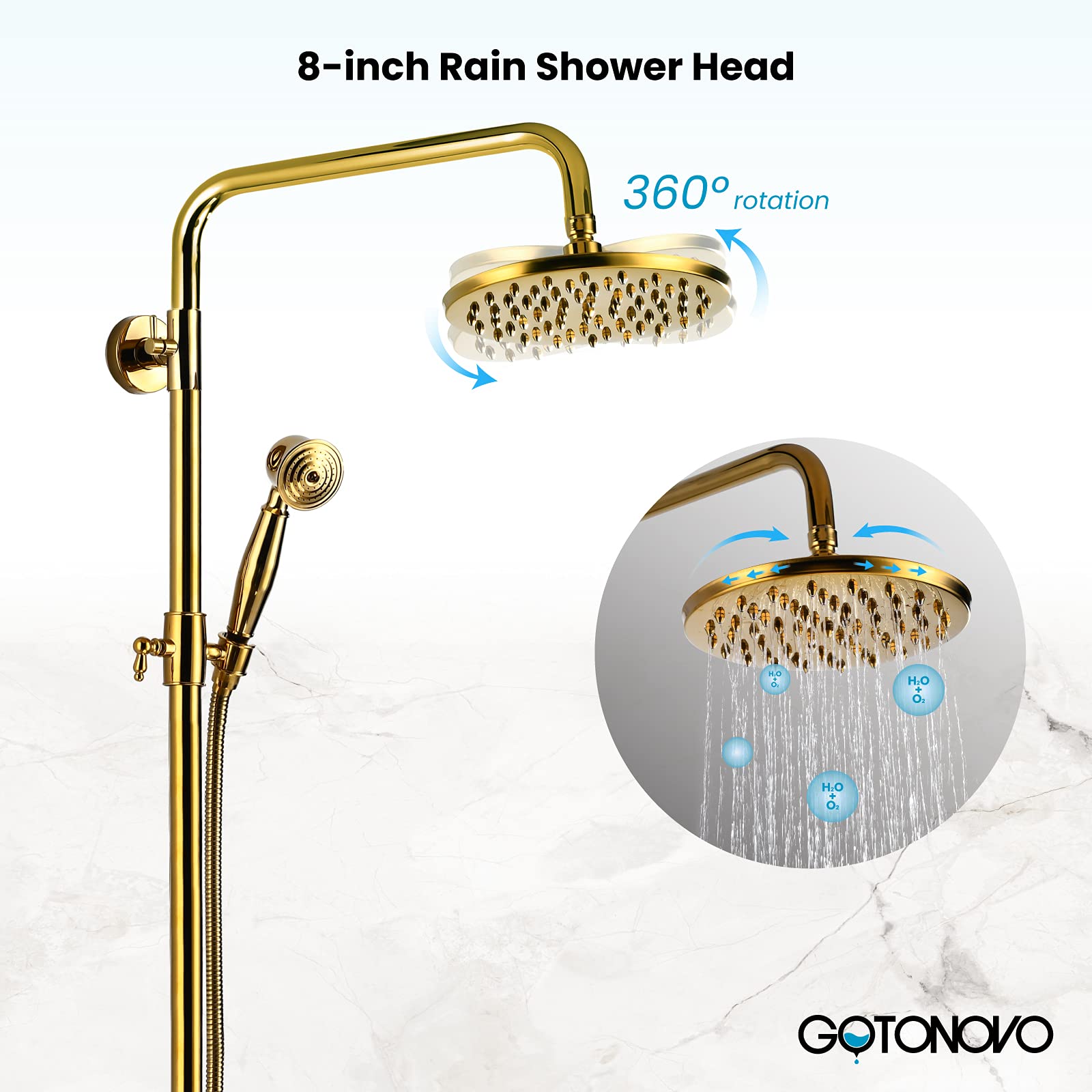 Gotonovo 8 Inch Rainfall Shower Faucet Set - Polished Gold Wall Mount Bathroom Shower System with Handheld Showerhead and Cross Handle, 2 Function Water Spray Modes - Perfect for Modern Bathroom Renovation and Spa-Like Shower Experience