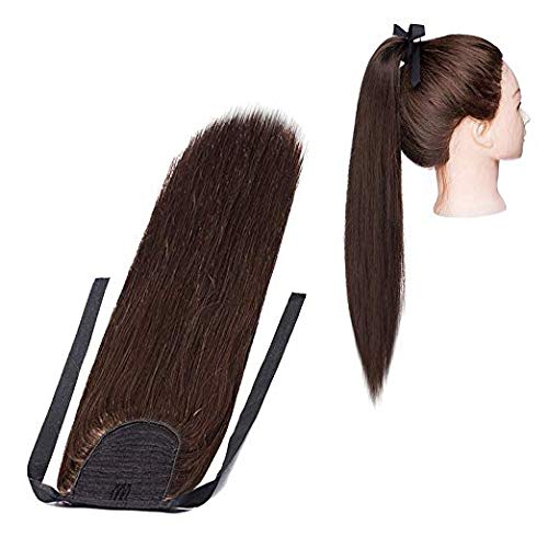Maahal™ 20 Inch Long Straight Human Hair Ponytail Extensions for Women - Brown with Ribbon Binding & Comb Clip | Perfect for Parties, Weddings & Everyday Styling