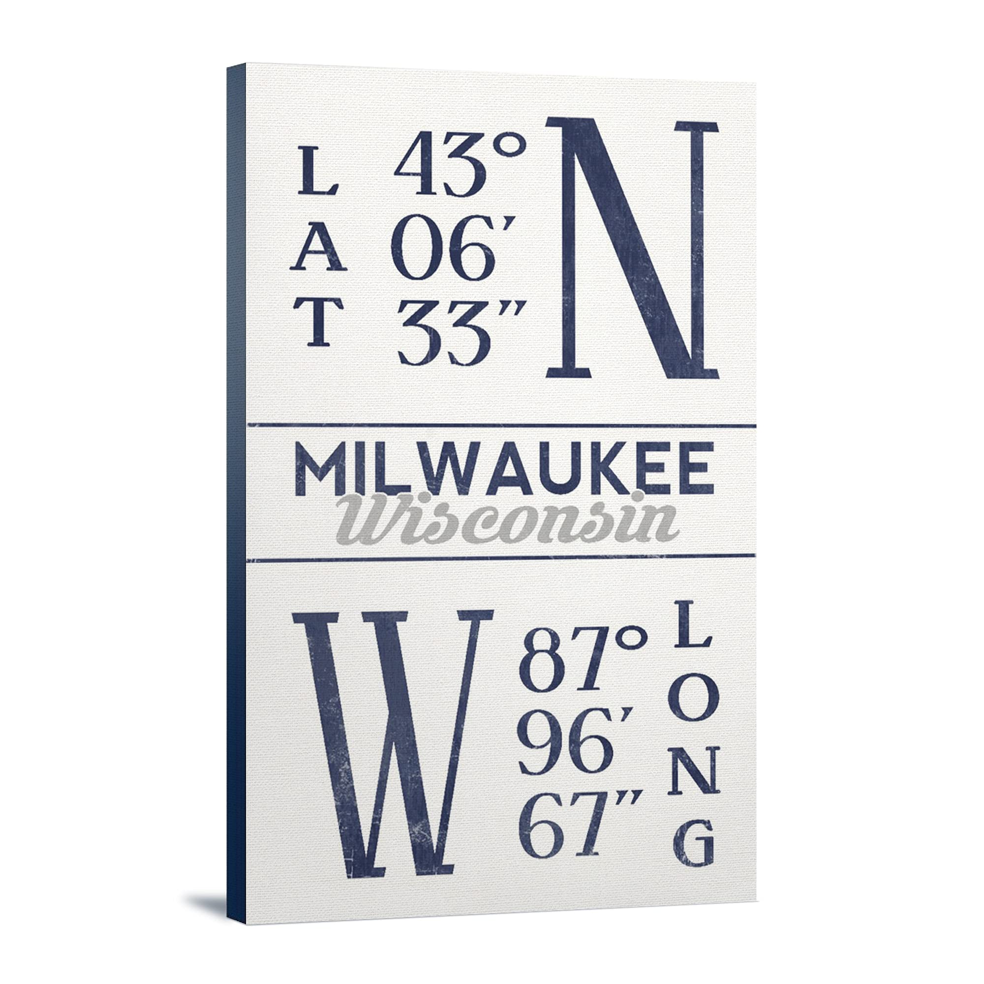 Milwaukee Wisconsin Latitude Longitude Map Art - Blue 24x36 Gallery Wrapped Canvas Wall Decor for Home Office Living Room