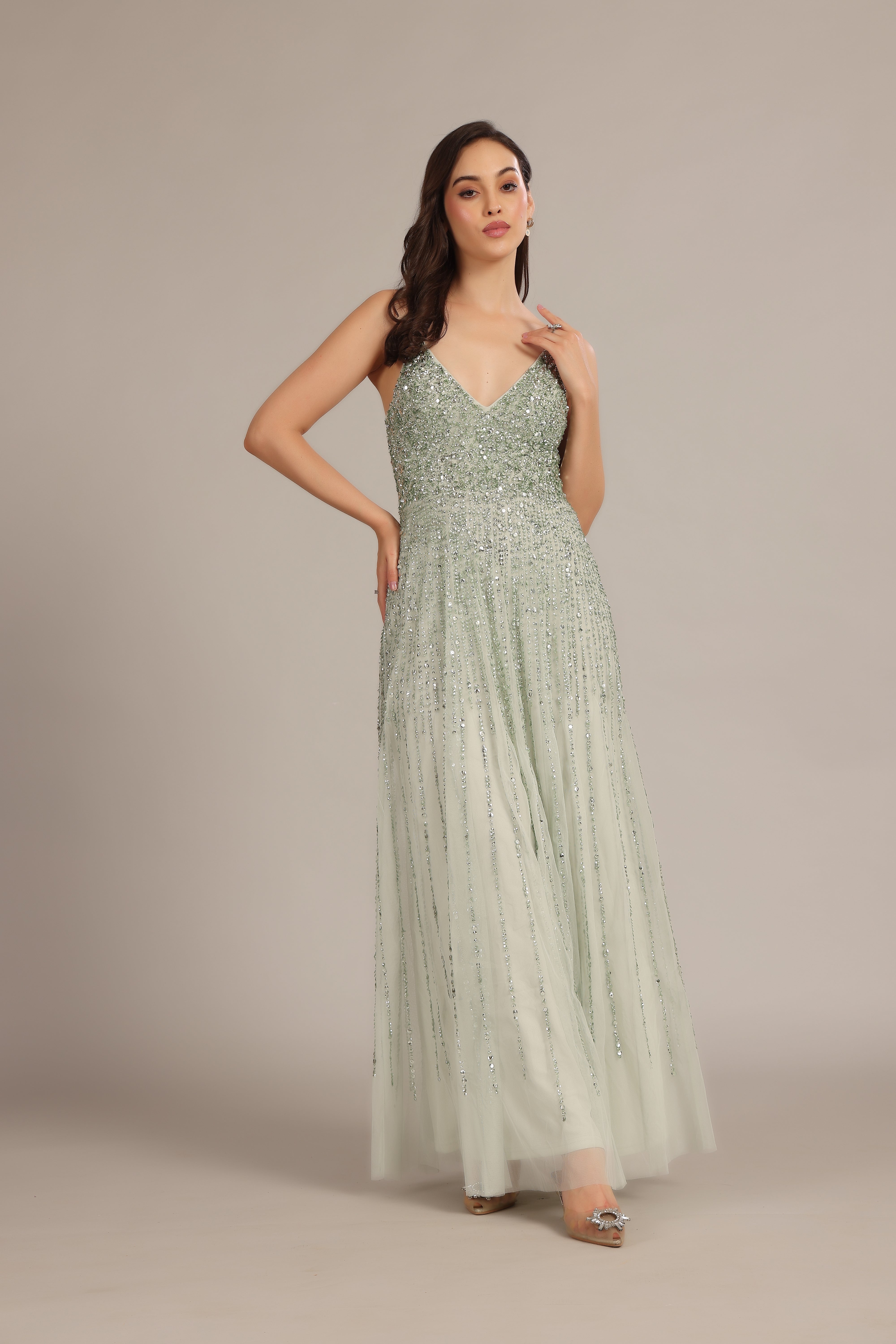 Elegant Sage Green Legacy Embellished Maxi Dress for Women - Perfect for Weddings, Parties & Special Occasions