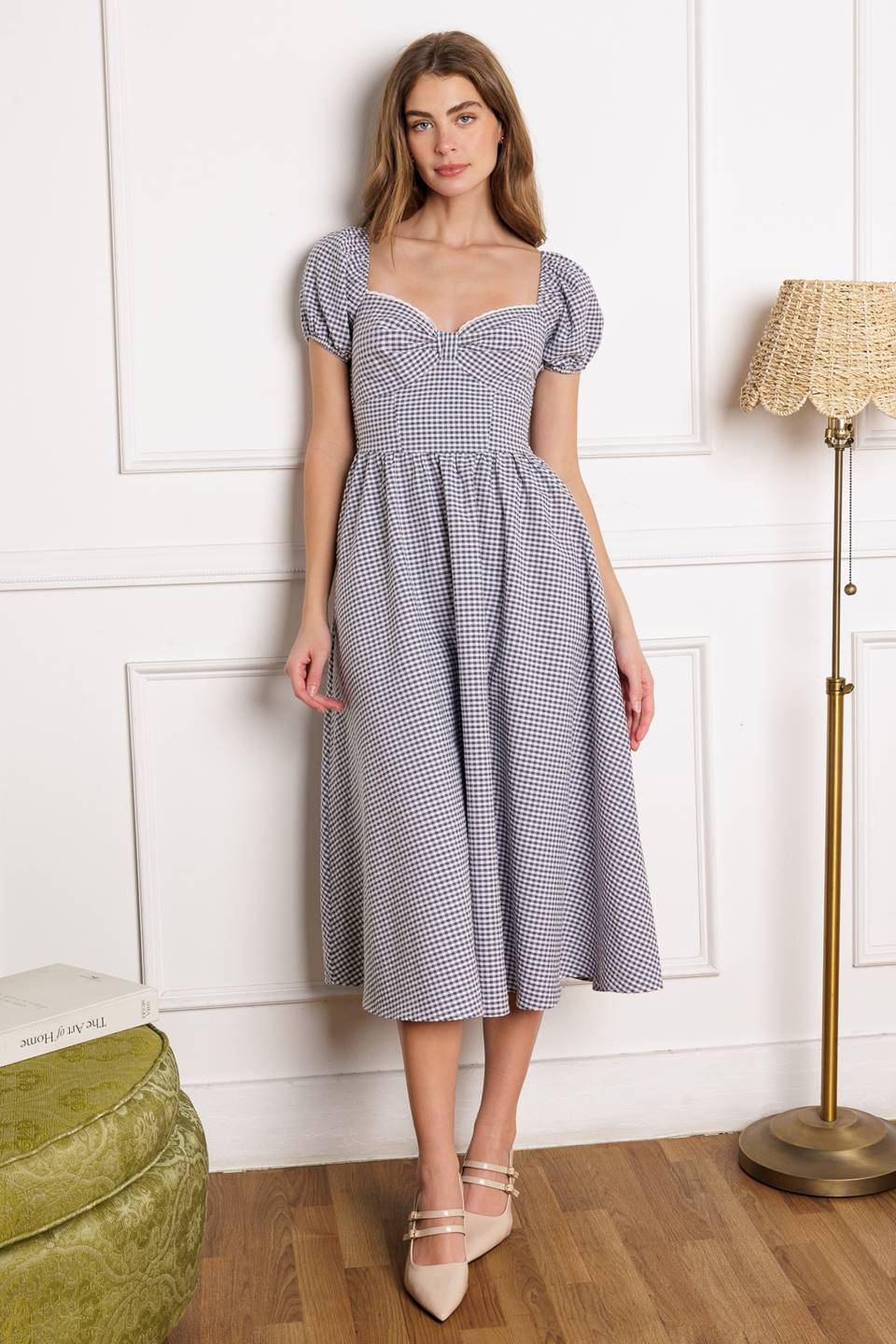 DOROTHY'S DREAM Navy Blue Gingham Puff Sleeve Midi Dress - Perfect for Summer Picnics, Garden Parties & Casual Outings