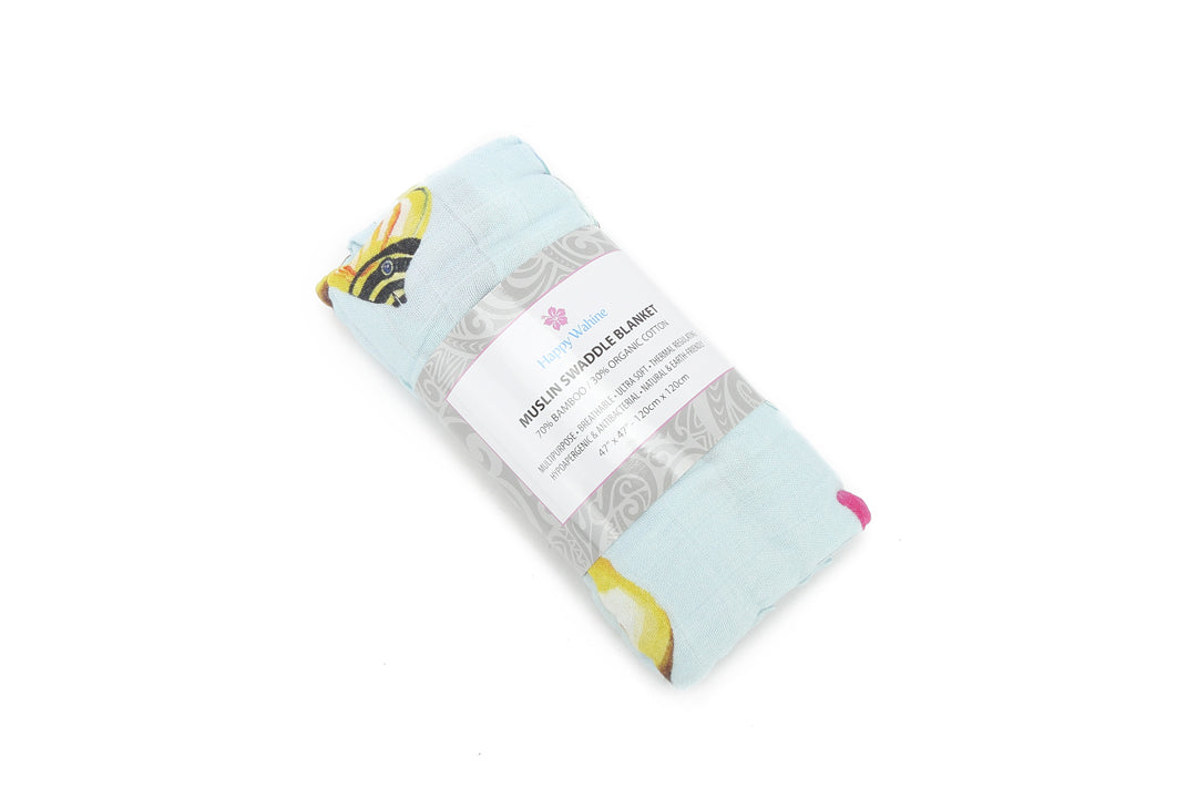 Premium Baby Muslin Swaddle Blanket - Soft & Breathable Fish 'Ohana Blue Design | Perfect for Newborn Swaddling, Nursery, and Gift Giving