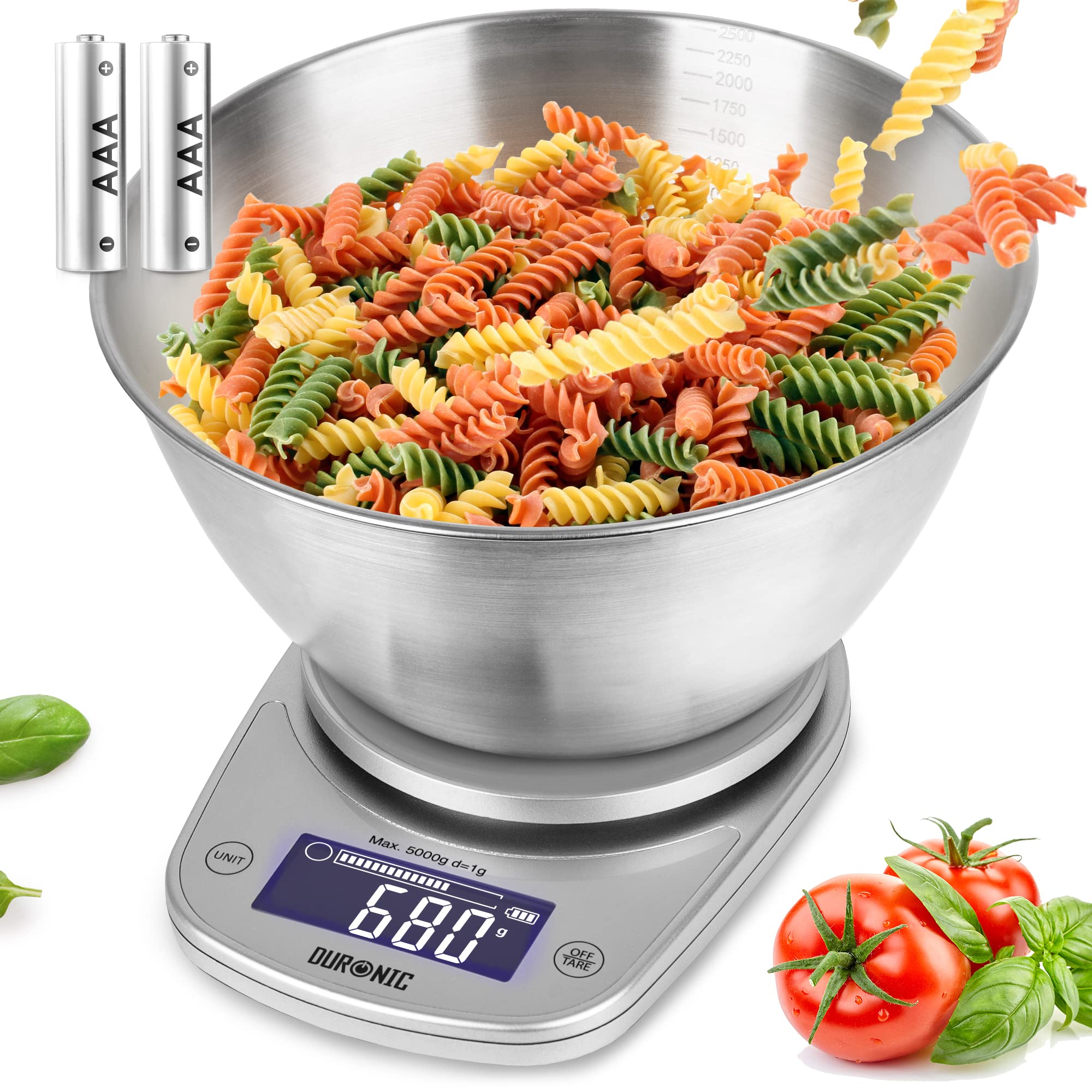 Duronic KS5000 Digital Kitchen Scale with Bowl - Precision Weighing Scale for Cooking, Baking, Pet Food & Postal Use - Backlit LCD Display | Perfect for Home, Restaurant & Commercial Kitchens