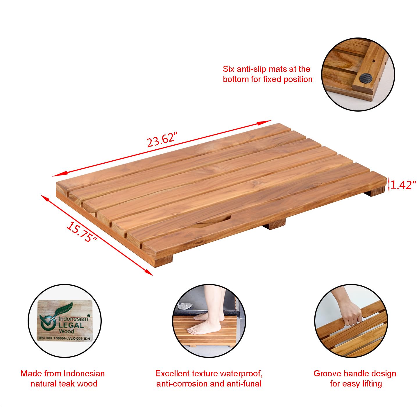 Teak Wood Bath Mat - Non-Slip Shower Mat for Bathroom - 23.6x15.7 Inch - Spa & Home Decor